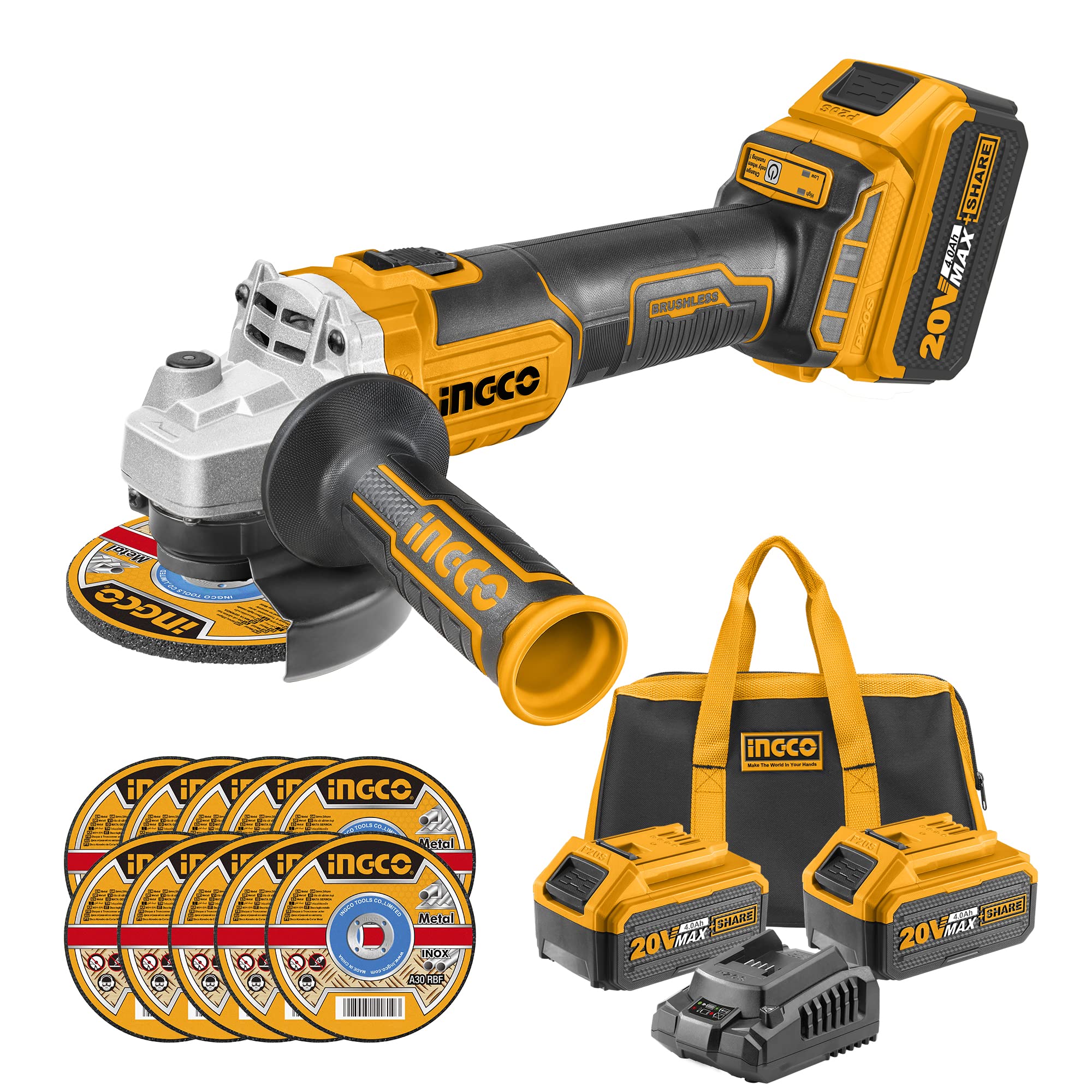 ساینتِ INGCO CAGLI261522 20V - دستگاه سازا قطعات Cordless با موتور براشلِس، دیسک 115 میلیمتری، ابزار قدرتی لیتیوم-یون انگول گریندر (به همراه باتری و شارژر)