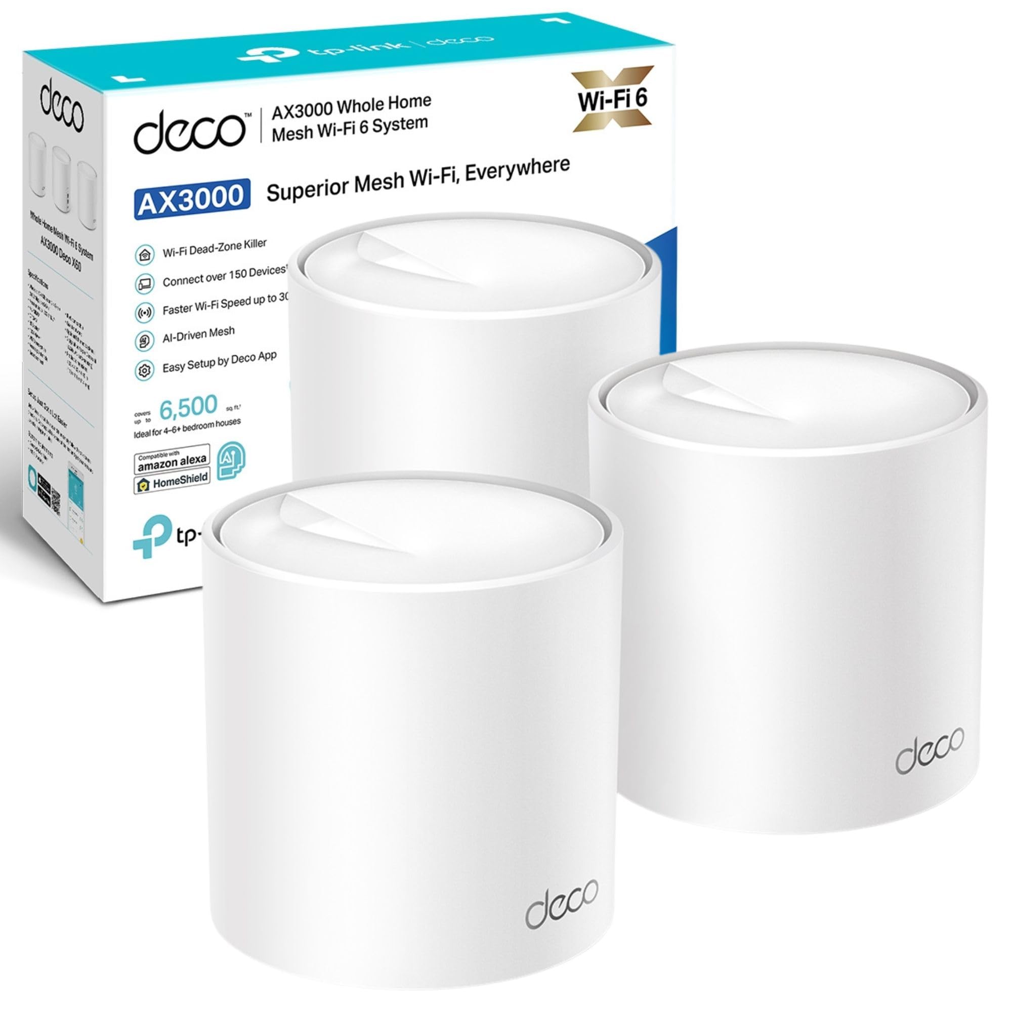 سیستم WiFi Mesh TP-Link Deco X50 (بسته ۳ عدد) AX3000Mbps، با قابلیت اتصال AI، پوشش تا ۶۵۰۰ فوت مربع، سیستم WiFi Mesh، مودم WiFi، تقویت کننده WiFi Extender، برای بازی‌های گیمینگ و 4K، نصب آسان، سازگار با Alexa و Google Home AX3000 WiFi 6