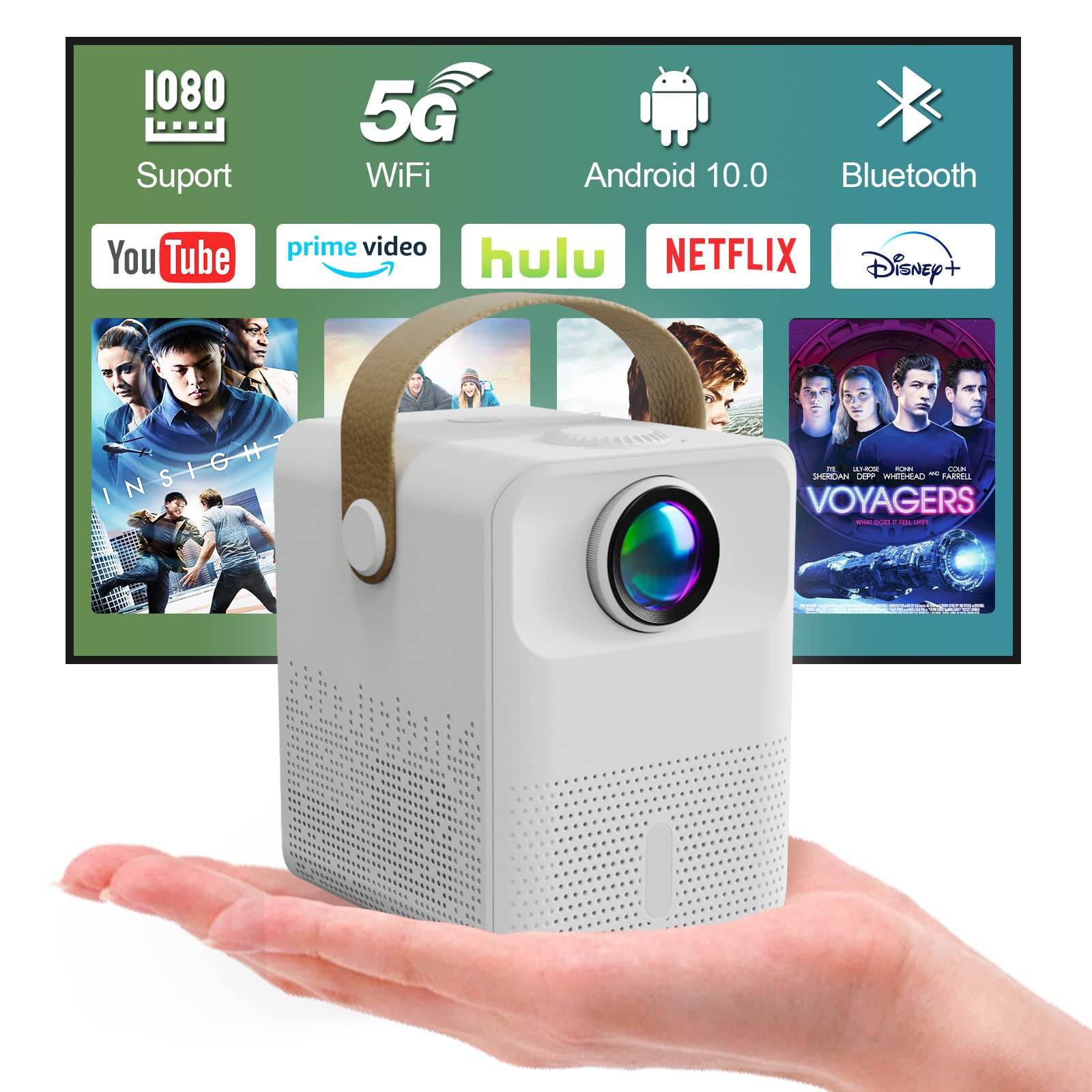 مینی پروژکتور WiFi 5G با اندروید 10.0، پروژکتور قابل حمل HD 1080P تئاتر منزل، بلوتوث HiFi اسپیکر پروژکتور هوشمند برای شب فیلم در داخل یا خارج از منزل سازگار با HDMI UBS DVD Fire Stick PS5