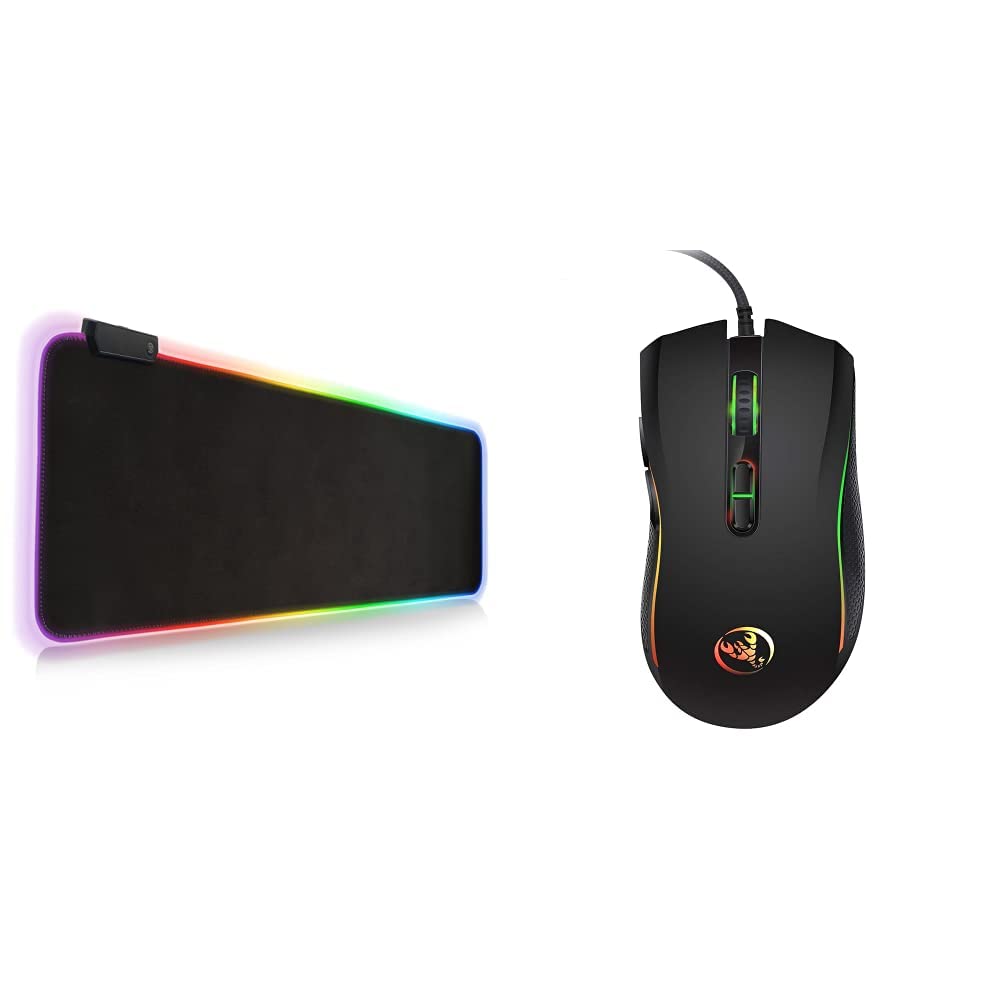 موس پد بازی RGB Goodstuff، موس پد LED نرم بزرگ توسعه یافته با لایه اضافی و موس باسیم Docooler A869 با حسگر نوری LED با رنگ‌های متنوع ۷ دکمه با حساسیت ۳۲۰۰DPI برای بازی‌های رایانه‌ای، موس باسیم برای بازی باز حرفه‌ای + موس