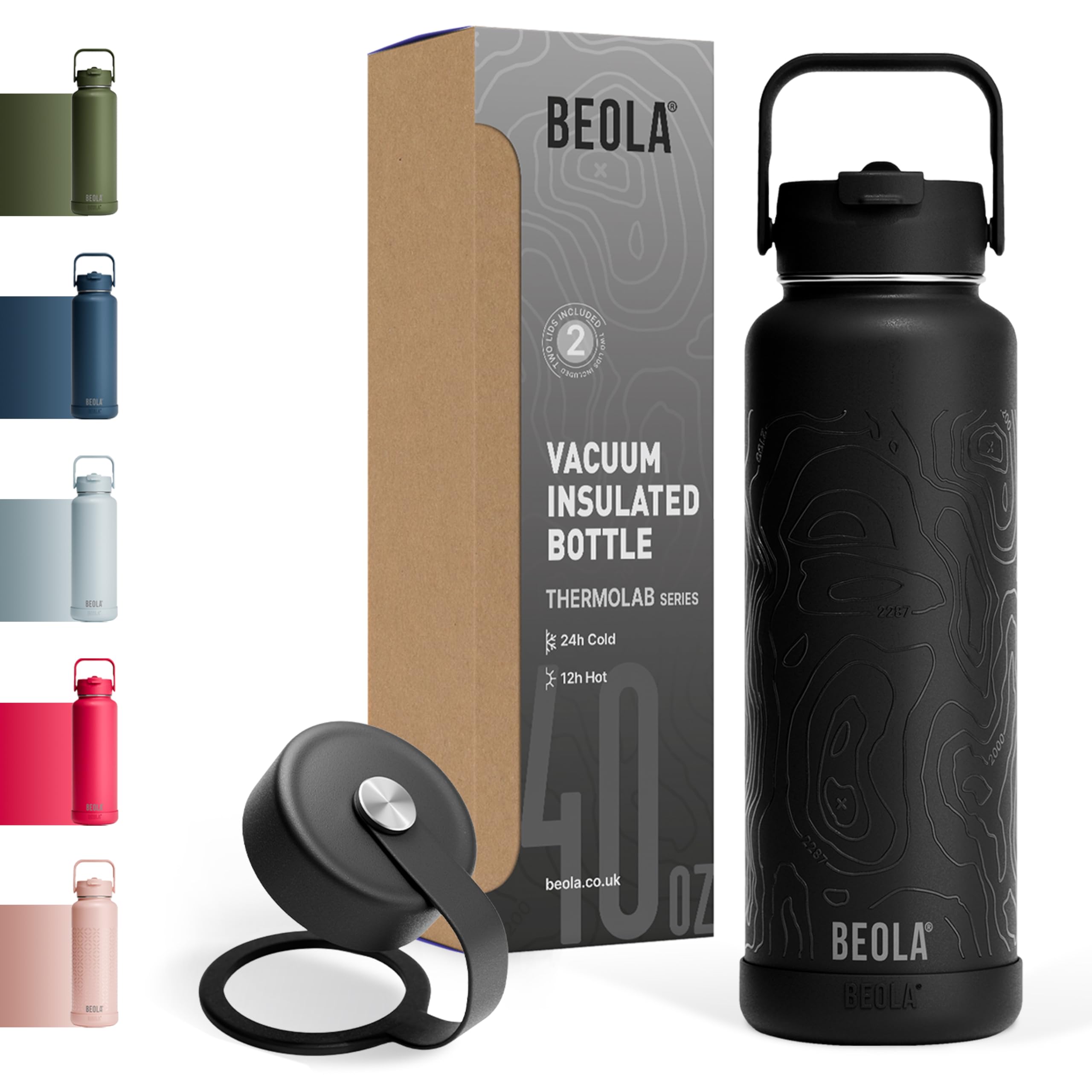 بطری آب با عایق حرارتی BEOLA 1200 میلی لیتر، بطری ترموس از جنس استیل ضدزنگ دو جداره با دهانه وسیع، شامل 2 درپوش، بطری آب گرم و سرد، بطری ورزشی بزرگ با درپوش لوله‌ای، 40 اونس (مشکی کوهستانی)