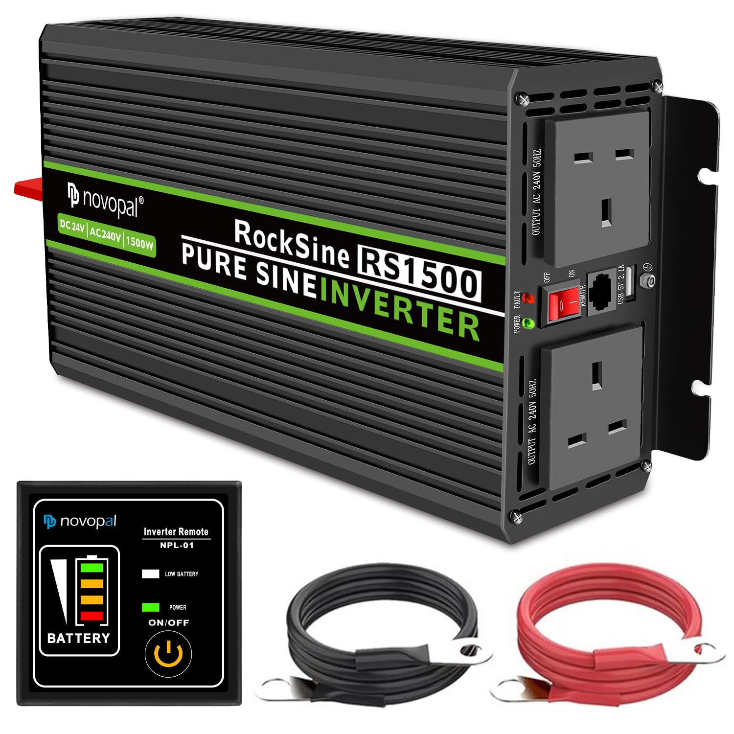 مبدل توان Novopal Pure Sine Wave-1500W
مبدل 24V به 230V-2پریز AC
مبدل خودرو با یک پورت USB-5 متر دور کنترل و دو فن خنک‌کننده 1500W 24V