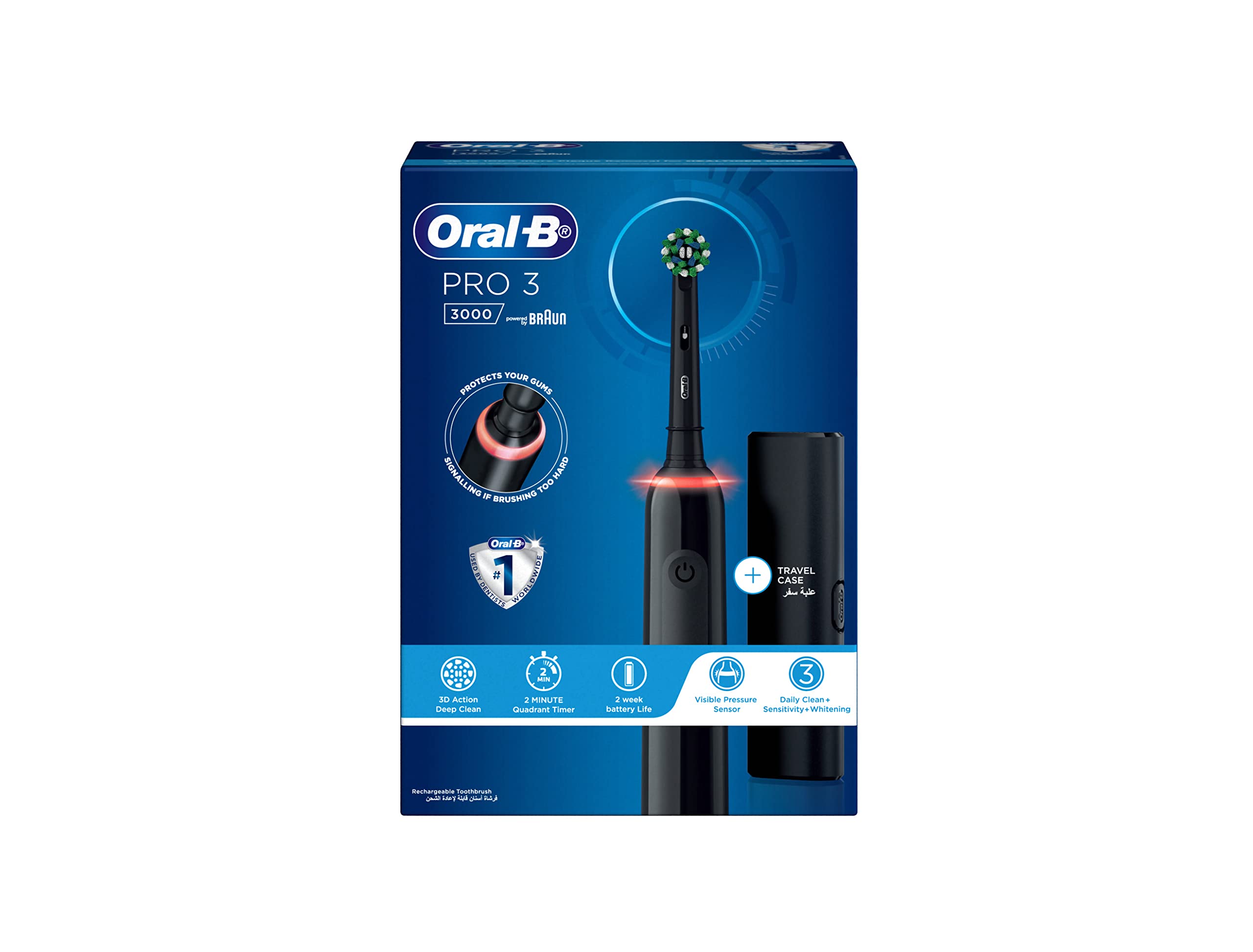مسواک برقی Oral-B Pro Clean 3 3000 با جعبه‌ی سفری، رنگ سیاه، قابل‌شارژ، به همراه تایمر داخلی Pro 3000 Black