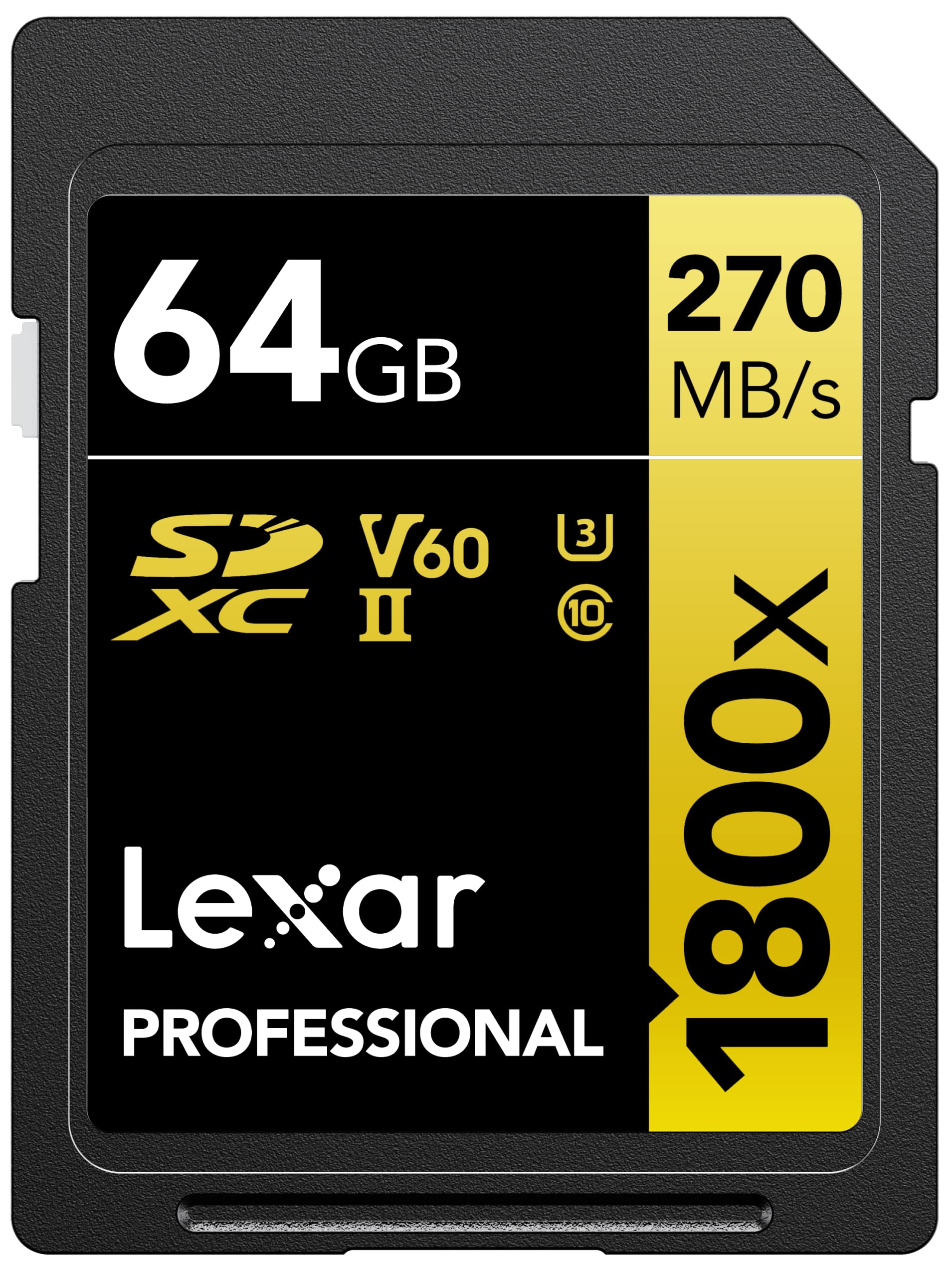 کارت حافظه لکسار حرفه ای 64 گیگابایت 1800x SDXC UHS-II، تا ۲۷۰ مگابایت بر ثانیه خواندن و ۱۸۰ مگابایت بر ثانیه نوشتن، کلاس ۱۰، V60، U3، کارت SD
