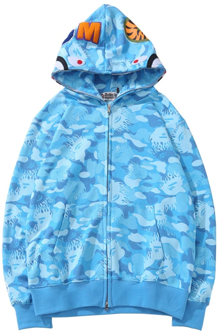 WINKEEY Boy's Hoodie Shark Head Fleece Long Sleeve Pullover Full Zipper Camouflage Sweatshirt XL Light Blue