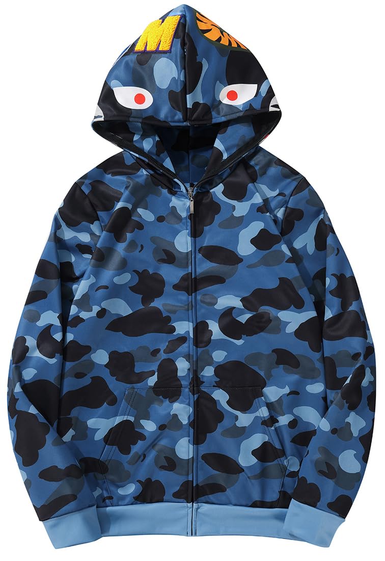 WINKEEY Boy's Hoodie Shark Head Fleece Long Sleeve Pullover Full Zipper Camouflage Sweatshirt XL 1 blue