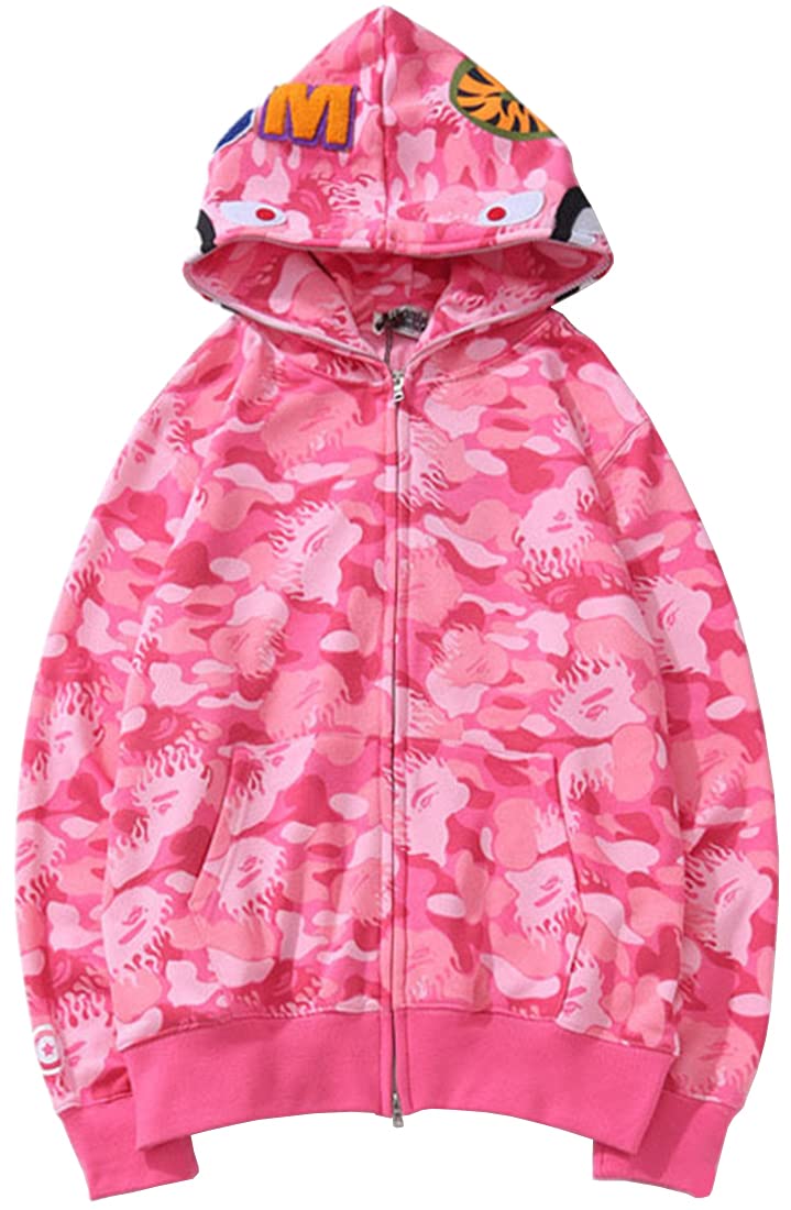WINKEEY Boy's Hoodie Shark Head Fleece Long Sleeve Pullover Full Zipper Camouflage Sweatshirt XL pink-red