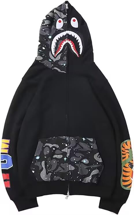 WINKEEY Boy's Hoodie Shark Head Fleece Long Sleeve Pullover Full Zipper Camouflage Sweatshirt XL Starry Patchwork
