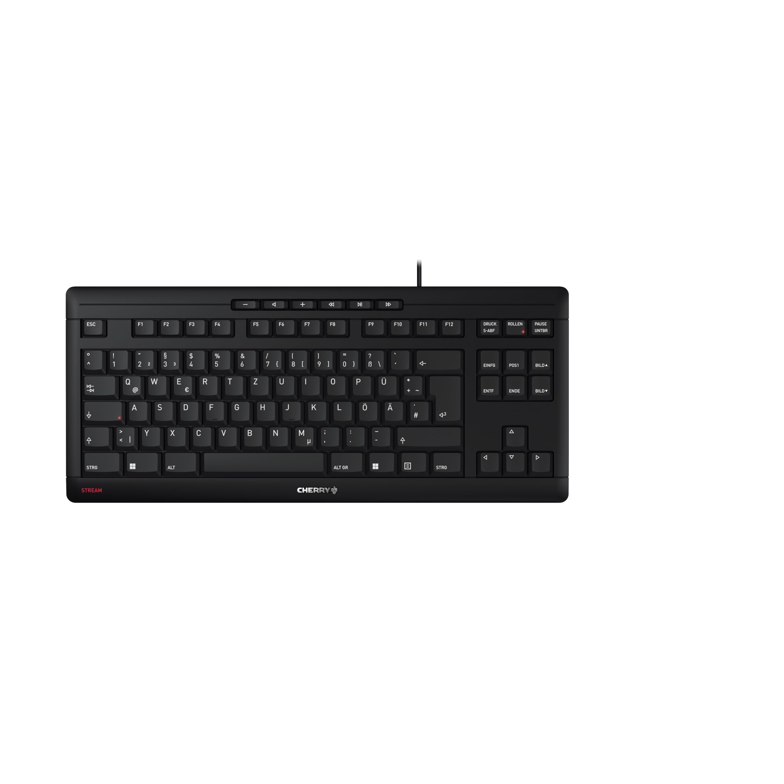 کیبورد سیمی CHERRY STREAM KEYBOARD TKL، کیبورد سیمی بدون پد عددی، طرح آلمانی (QWERTZ)، ضربه‌زنی آرام، تجربه تایپ منحصر به فرد، رنگ مشکی، طرح آلمانی - QWERTZ مشکی بدون پد عددی