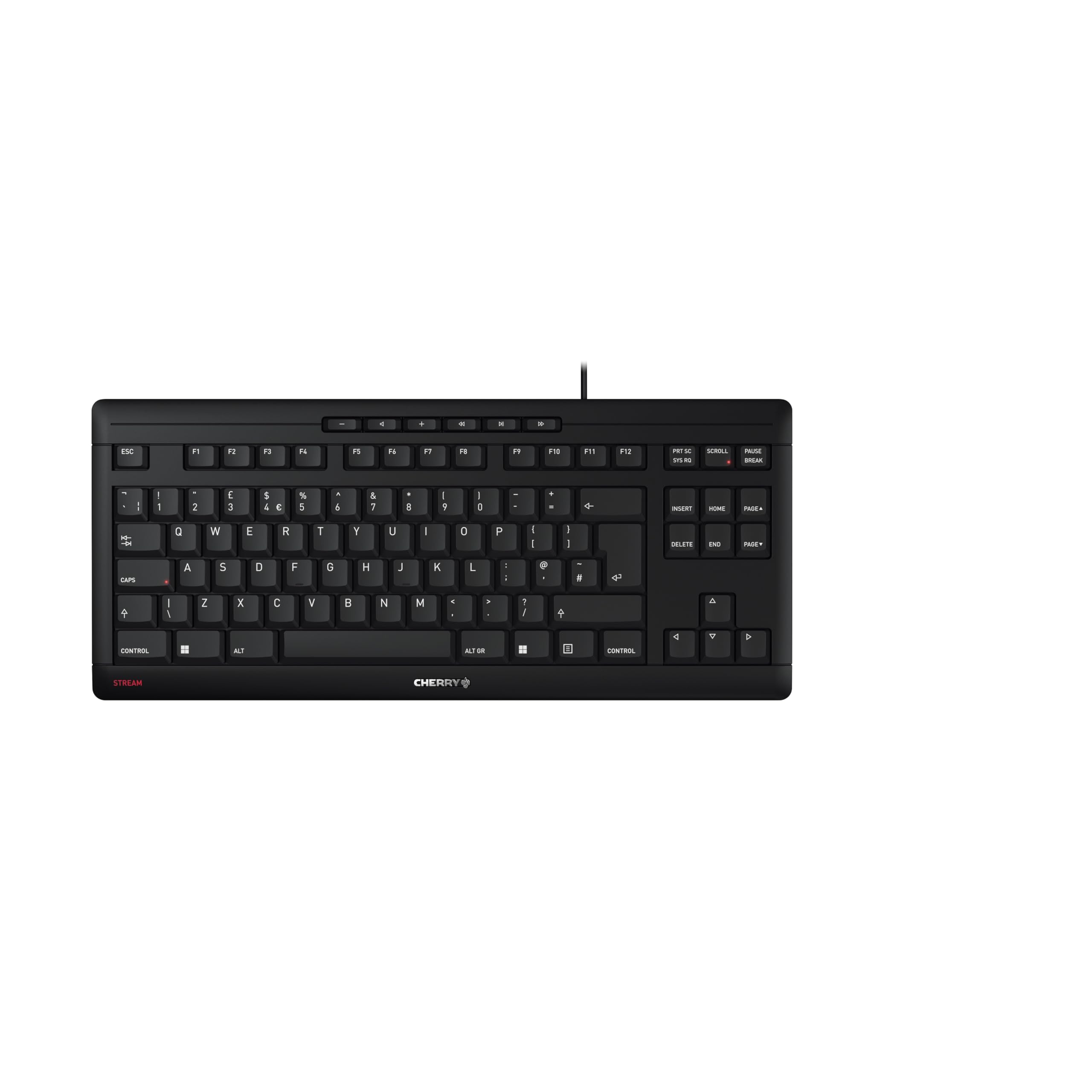 کیبورد سیمی CHERRY STREAM KEYBOARD TKL، بدون پد عددی، طرح UK (QWERTY)، کلیدهای ساکت، تجربه تایپ منحصر به فرد، سیاه منفرد