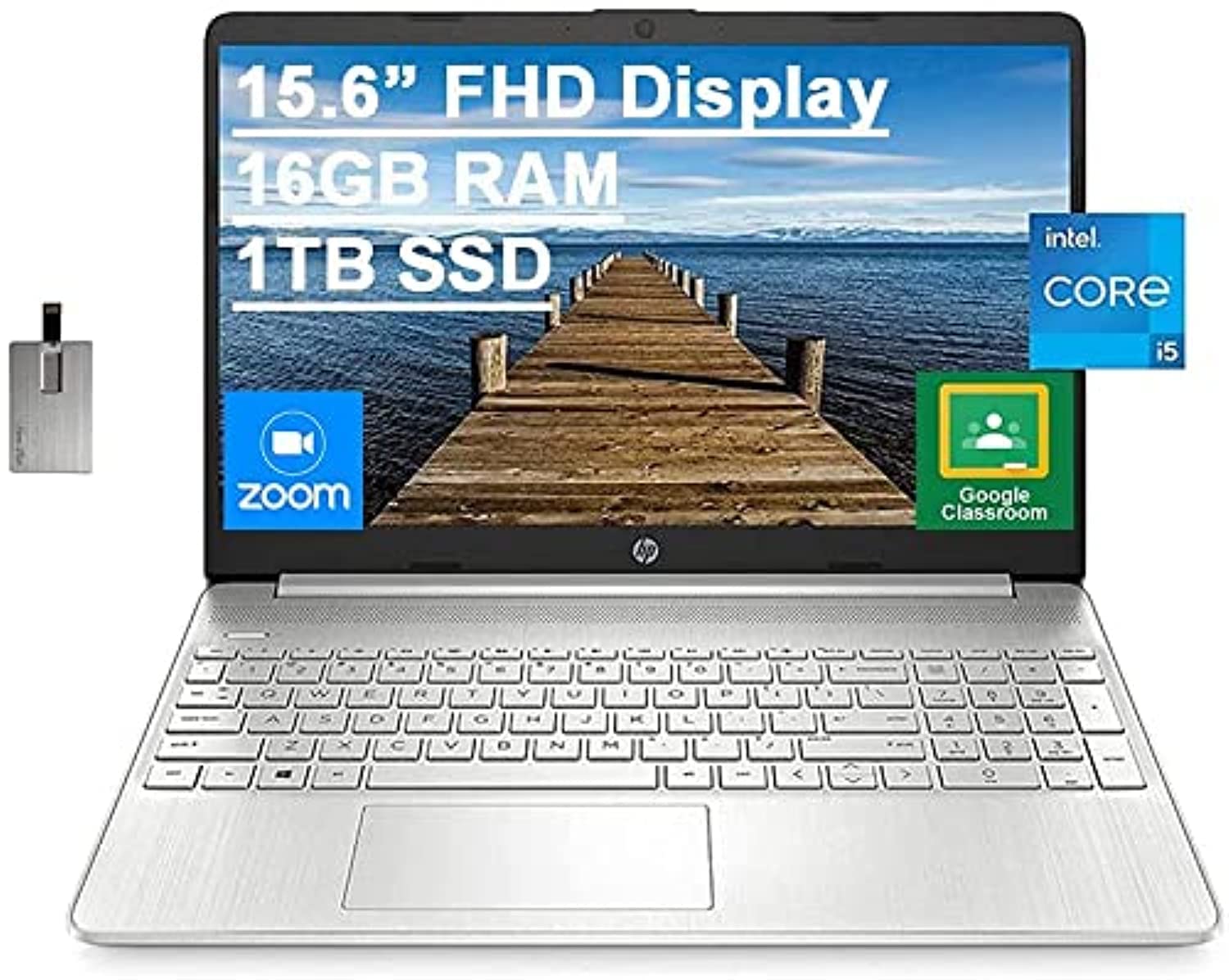 لپ تاپ اچ‌پی با صفحه نمایش 15.6 اینچ FHD، پردازنده Intel Core i5-1135G7 نسل 11 (افتتاح نمی‌کند Intel i7-1065G7)، 16 گیگابایت رم، 1 ترابایت حافظه جانبی SSD PCIe، گرافیک Intel Iris X، وب‌کم HD، پورت HDMI، بلوتوث، ویندوز 10، رنگ نقره‌ای، کارت USB 32 گیگابایت (ارتقا یافته)