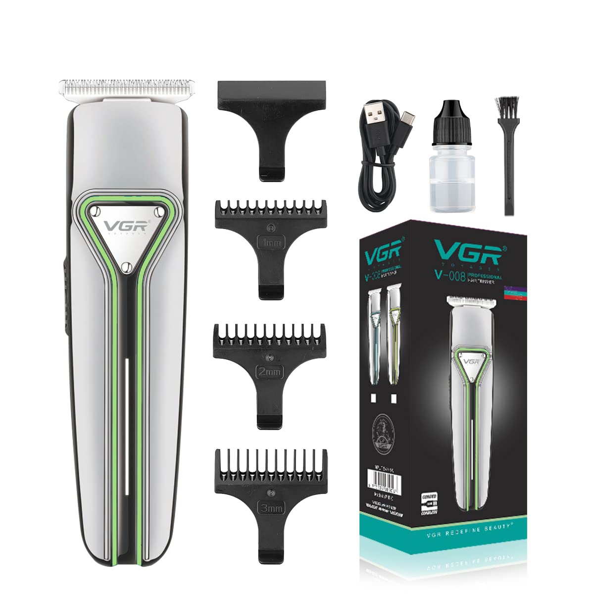 مدل VGR V-008 تریمر حرفه ای با قابلیت شارژ مجدد (نقره‌ای، سبز)
