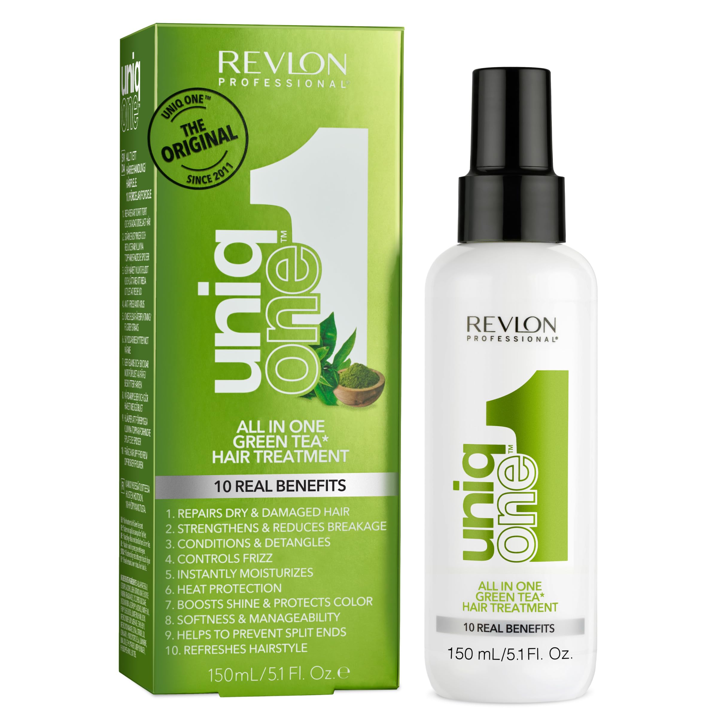 محصول حرفه ای یونیک وان رولون پروفشنال All in One Hair Treatment V2 از Revlon، با ۱۰ مزیت واقعی برای مو، مناسب برای انواع مو، با طعم ژرف چای سبز، حجم ۱۵۰ میلی لیتر.
