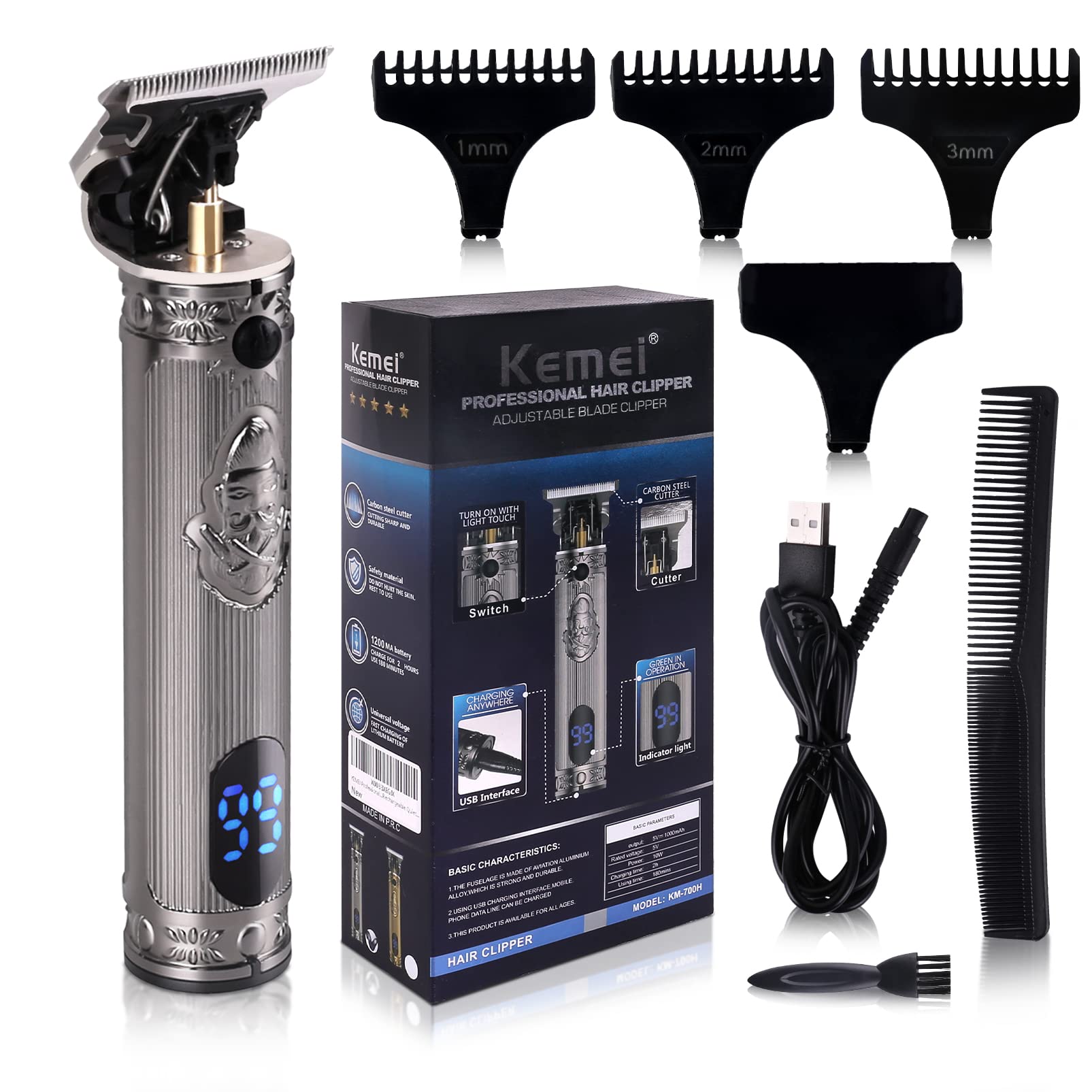 کلیپر حرفه ای موی مردانه KEMEI Pro Li Outliner برای تراش مو و رژه بری نقره ای