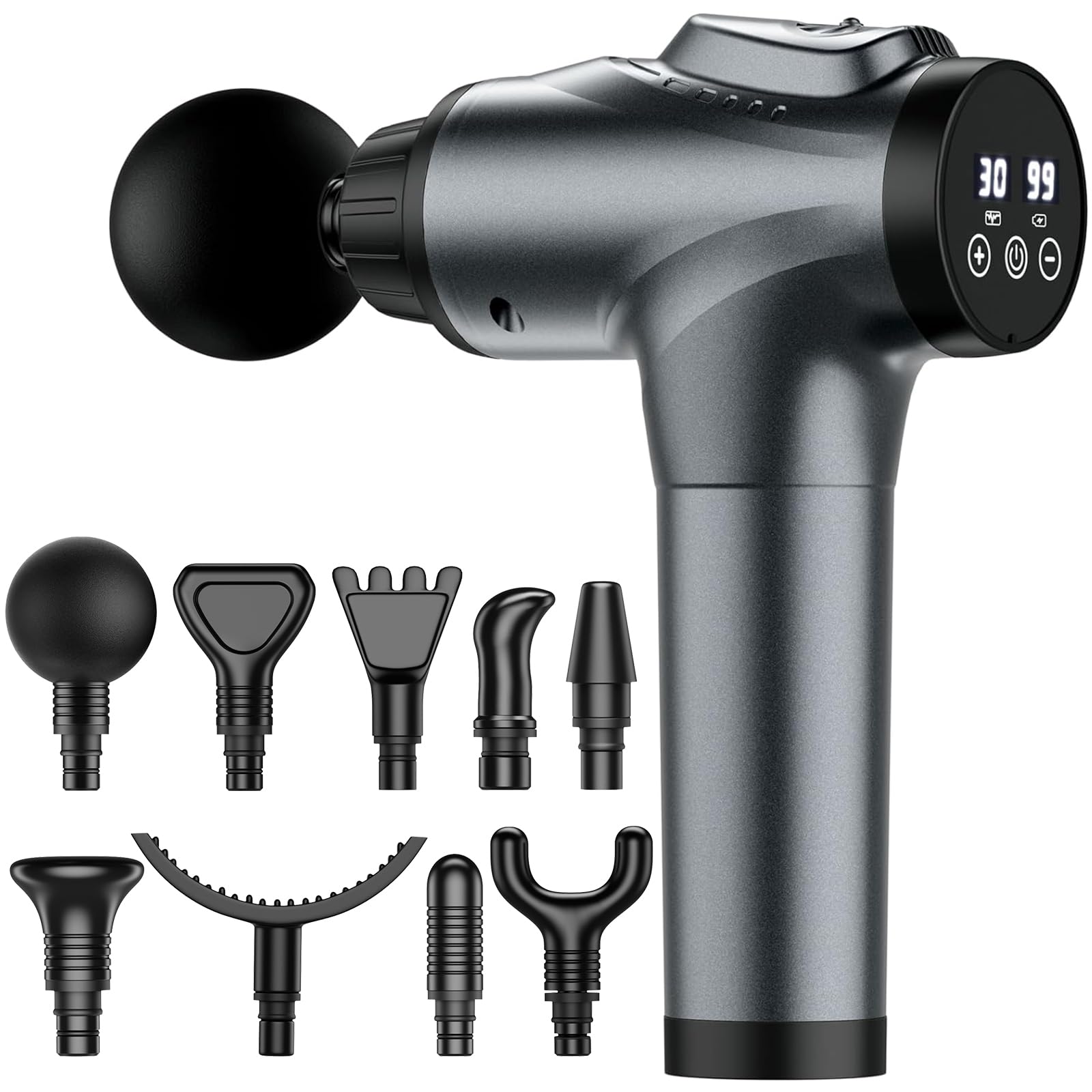 ماساژور گان Massage Gun، ماساژور عمیق دستی برای ورزشکاران با 30 سرعت مختلف و 9 سرپیچ، هدیه روز مادر از دختر / پسر خاکستری
