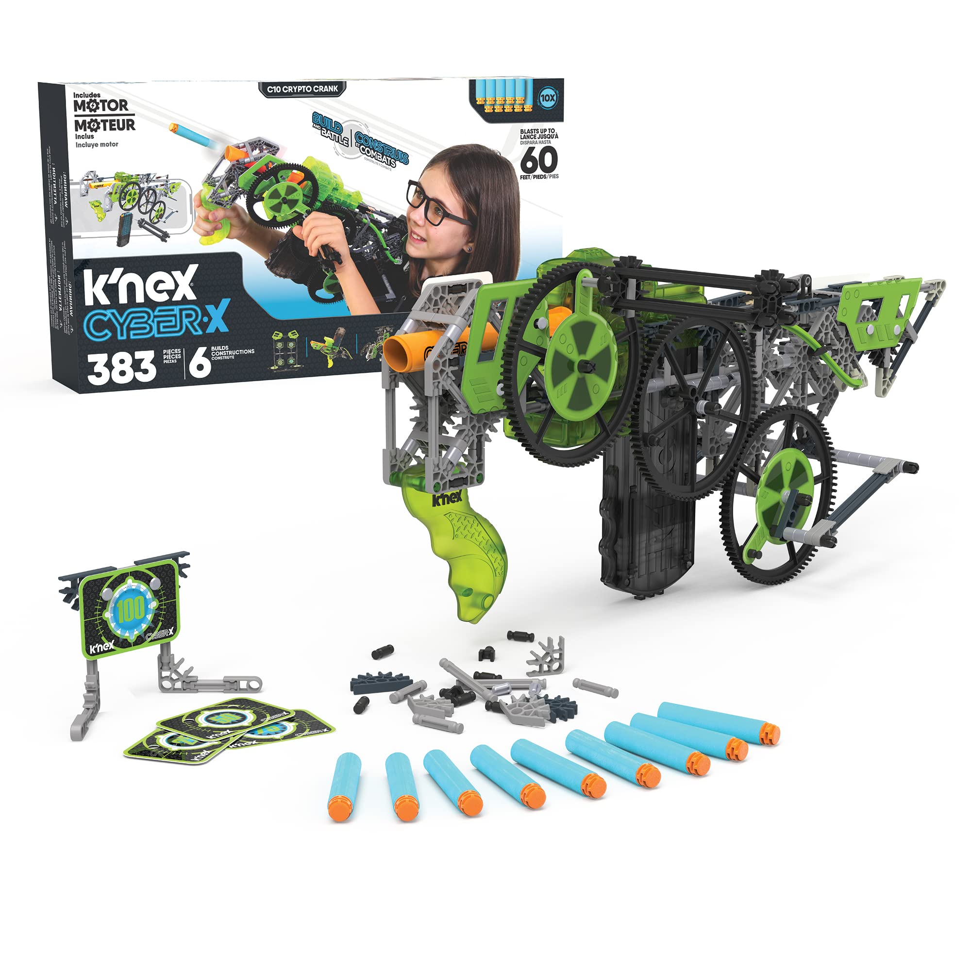 K'NEX Cyber-X C10 Crypto Crank با موتور - تا 60 فوت شلیک می‌کند - 383 قطعه، 6 ساختار، هدف‌ها، 10 تیر - هدیه عالی برای کودکان 8+.