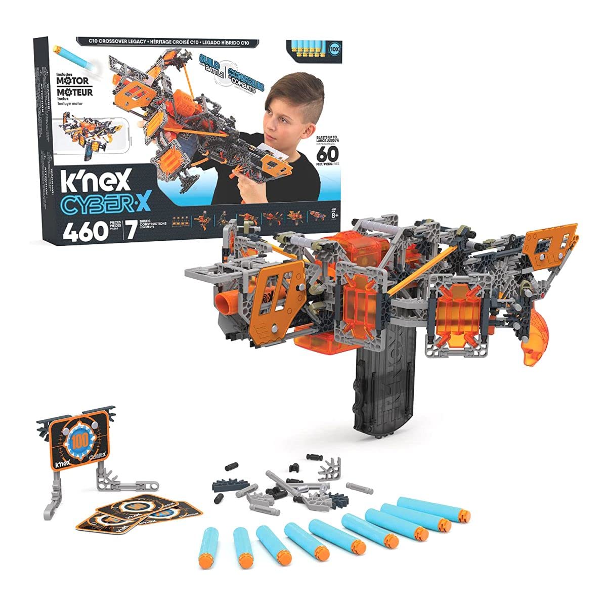 K'NEX Cyber-X C10 Crossover Legacy با موتور - تا 60 فوت منفجر می‌شود - 460 قطعه، 7 ساختار، هدف، 10 تیر - هدیه عالی برای کودکان ۸ سال به بالا