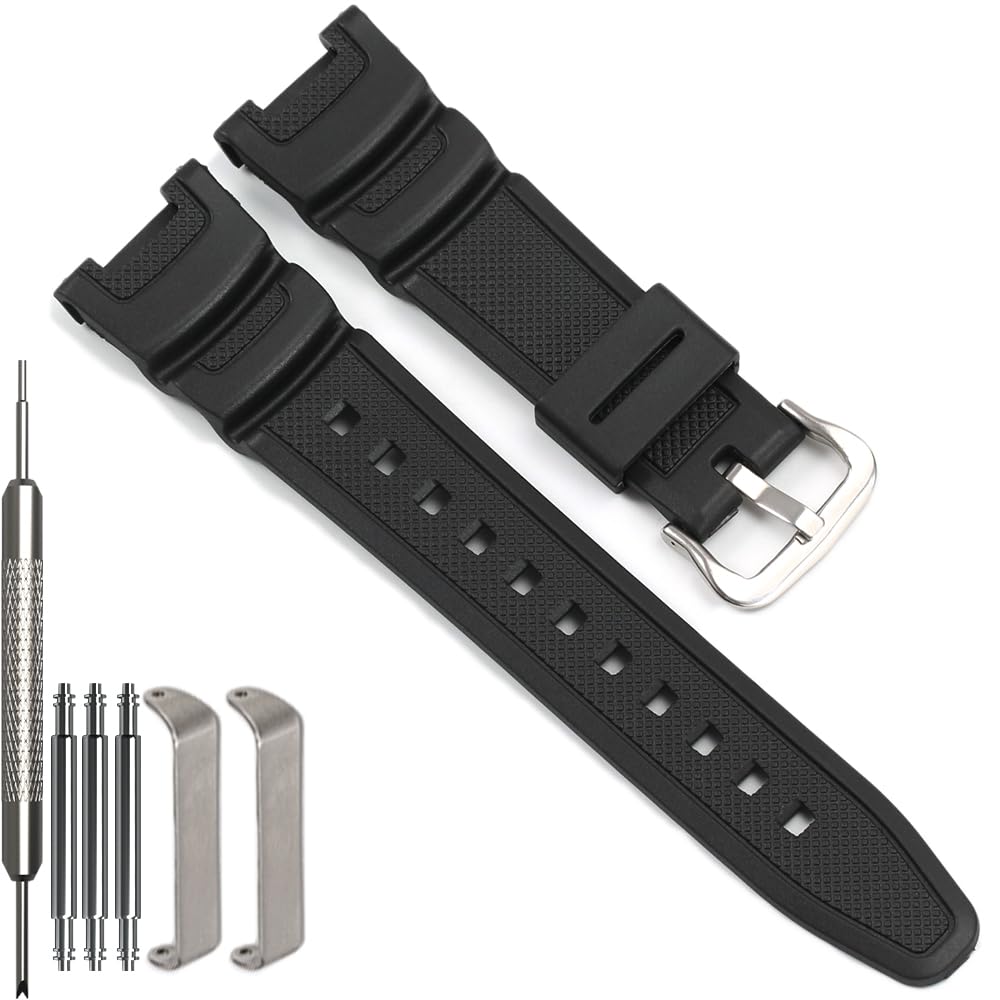 جابه‌جایی بند رزین WRISTARMOR برای ساعت ورزشی ضد آب مردانه Casio SGW-100 Twin Sensor با بند بند برایص و نقره‌ای سیاه