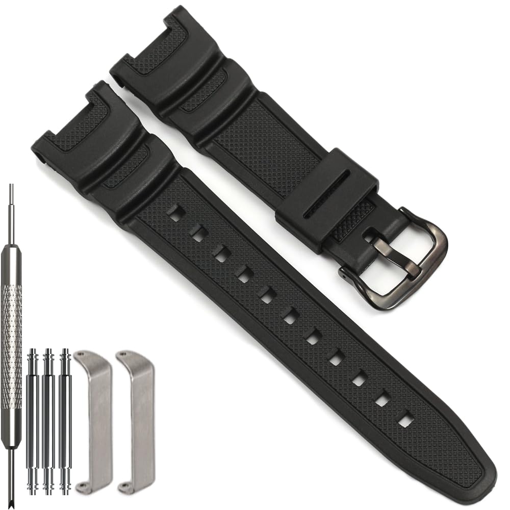 جایگزینی بند رزینی WRISTARMOR برای ساعت ورزشی مردانه Casio SGW-100 Twin Sensor با بند مقاوم در برابر آب و قلاب سیاه