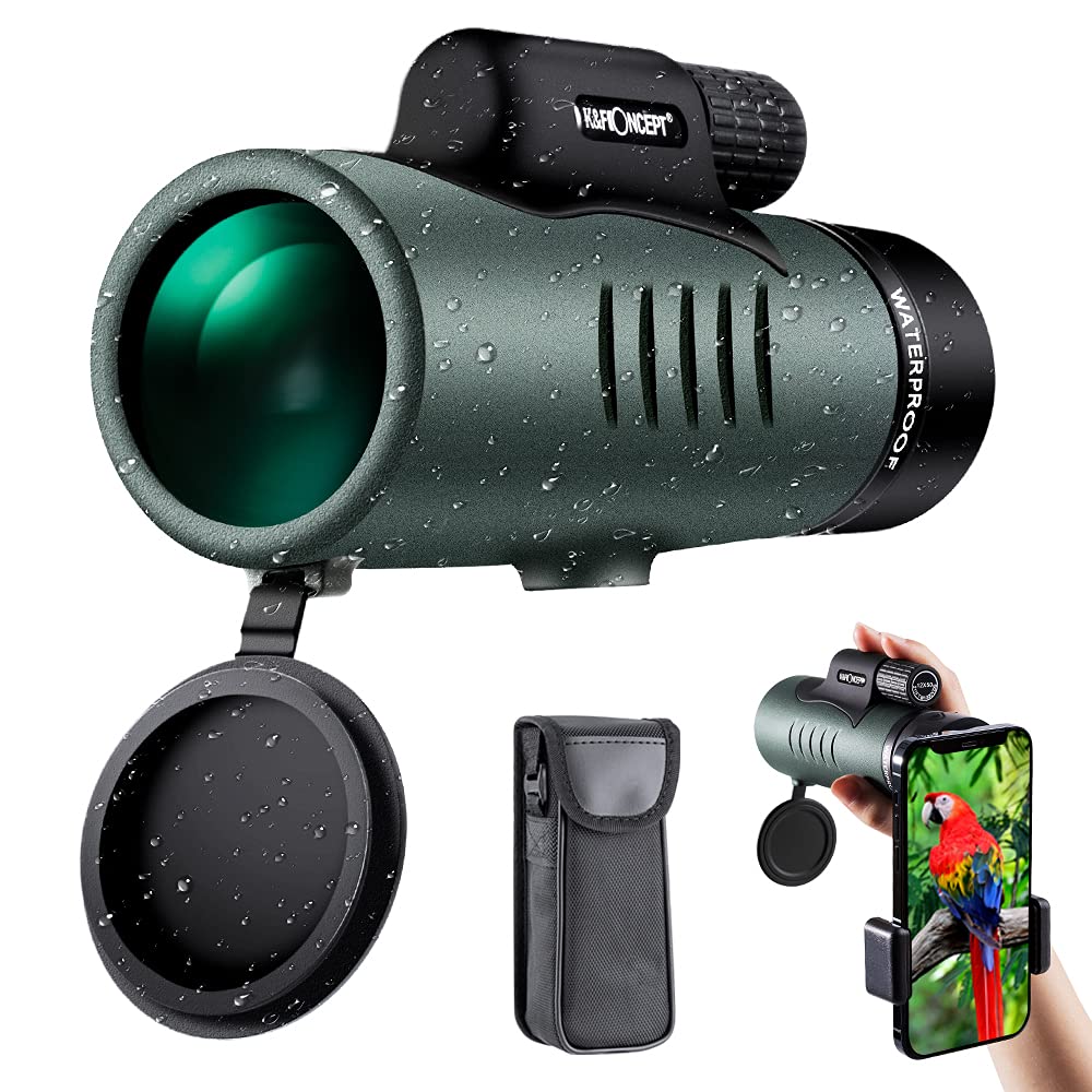 تلسکوپ تک چشمی HD 12X50 مدل K&F Concept برای اسمارت‌فون، تلسکوپ تک چشمی با قدرت بالا برای بزرگسالان، پریزم BAK4، ضدآب در استاندارد IP68، تلسکوپ کوچک فشرده برای مشاهده پرندگان و شکار همراه با نگهدارنده تلفن و دستبند