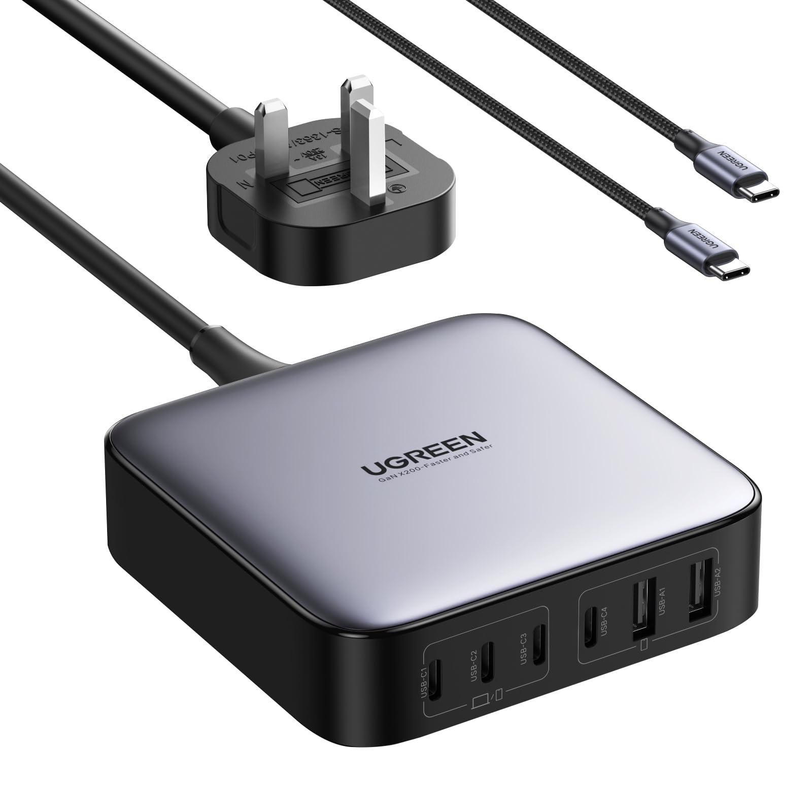یوجین نکسود ست شارژر 200 وات سریع USB C با کابل پلاگ انگلیسی 2 متری ورودی 6 در 1 چند منظوره با گان شارژر دیواری به همراه کابل 100 واتی 1 متری برای مک بوک پرو/ایر، آیفون 16، آیپد پرو، گلکسی اس25 موبایل و ...
