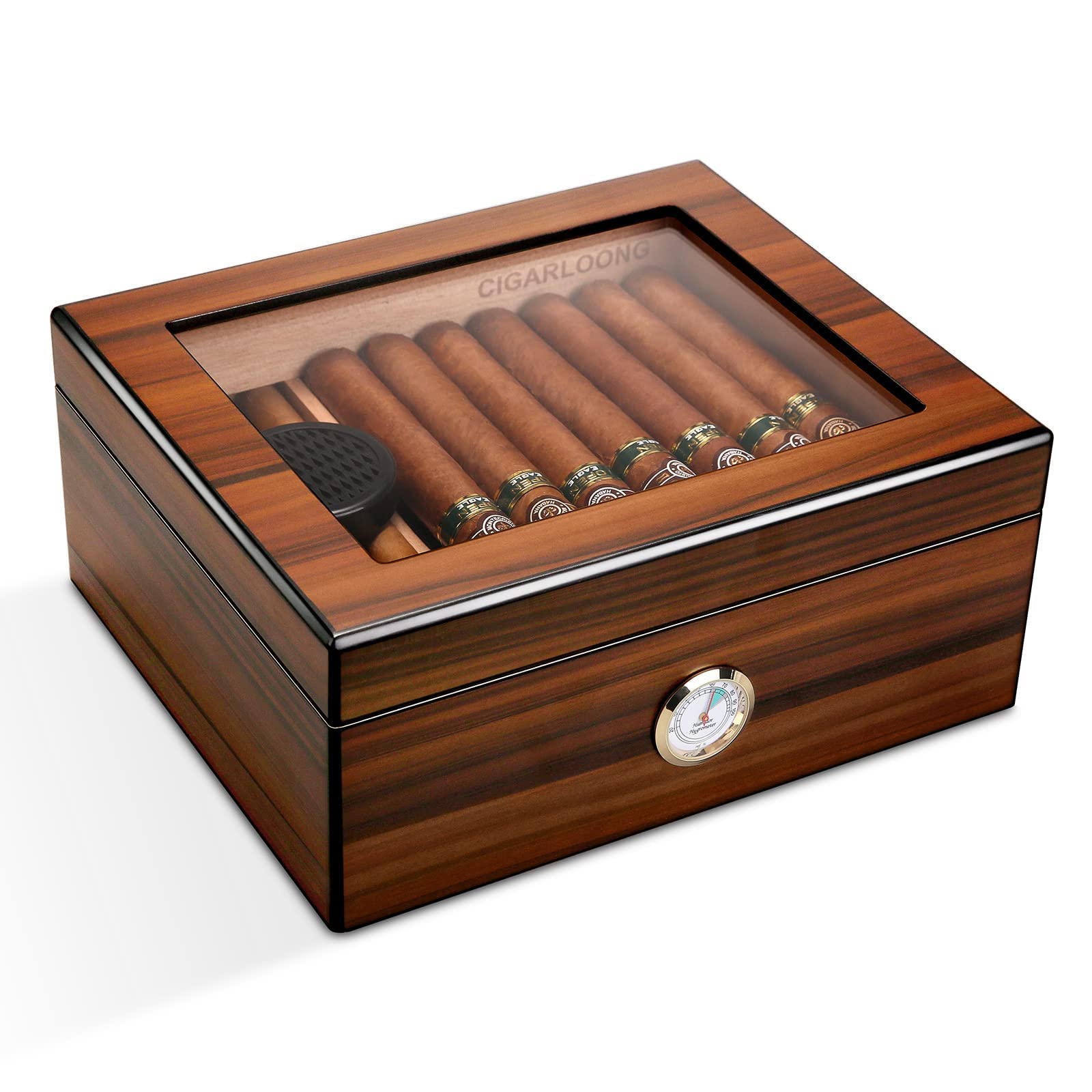 جعبه مرطوب‌کن توپ سیگارسازی CIGARLOONG با درب شیشه‌ای و چوب سدر بزرگ با مرطوب‌کن و هویگرومتر که قابلیت نگهداری 35-56 سیگار را دارد (قهوه‌ای)