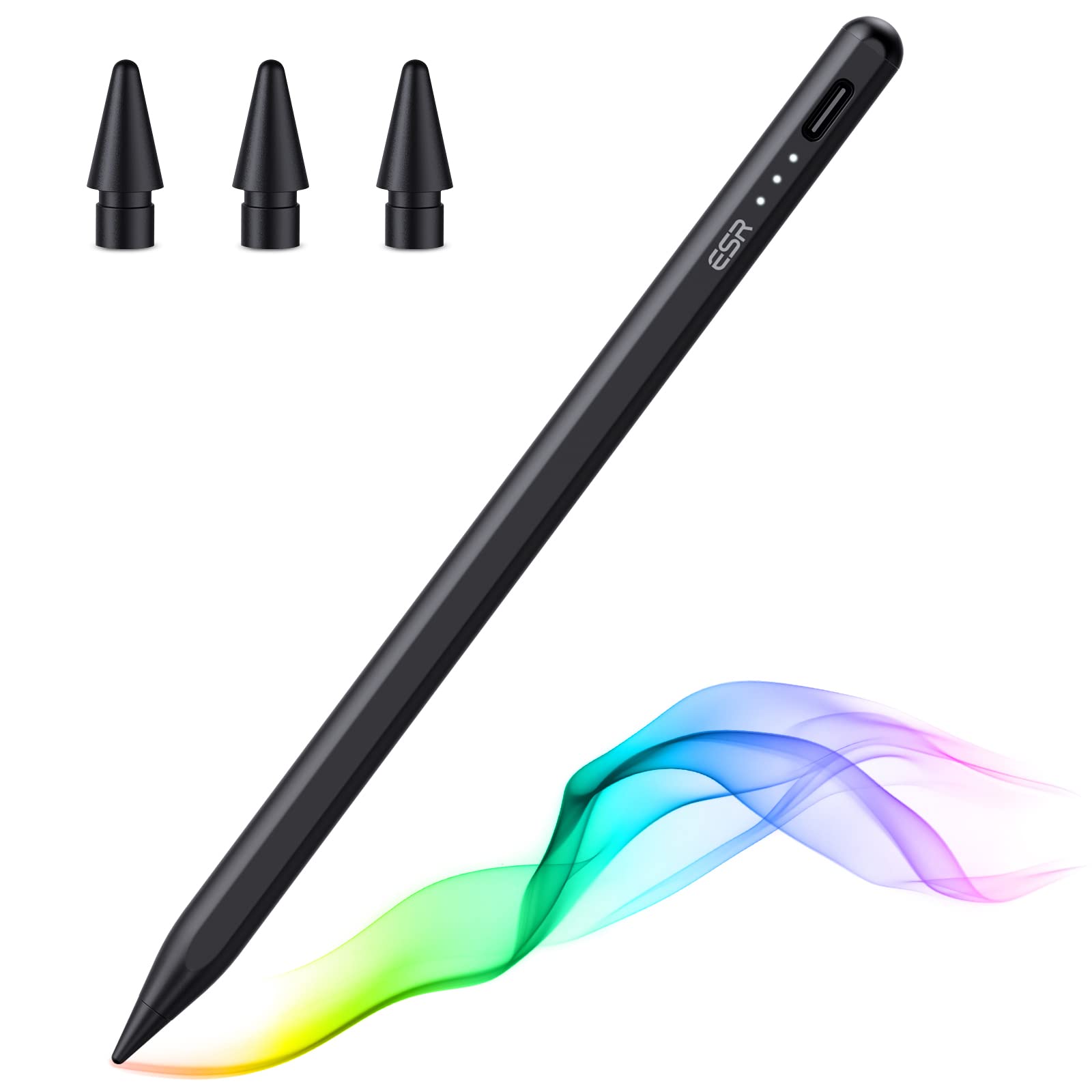 ESR برای Apple Pen، iPad Pencil، Stylus Pen برای iPad 10/9/8/7/6، iPad Pro 11/12.9، iPad Air 5/4/3، iPad Mini 6/5، حساسیت تاج و ردیابی ساعد، چسبندگی مغناطیسی، شارژ استاندارد، بلکه شارژ استاندارد قلم - مشکی