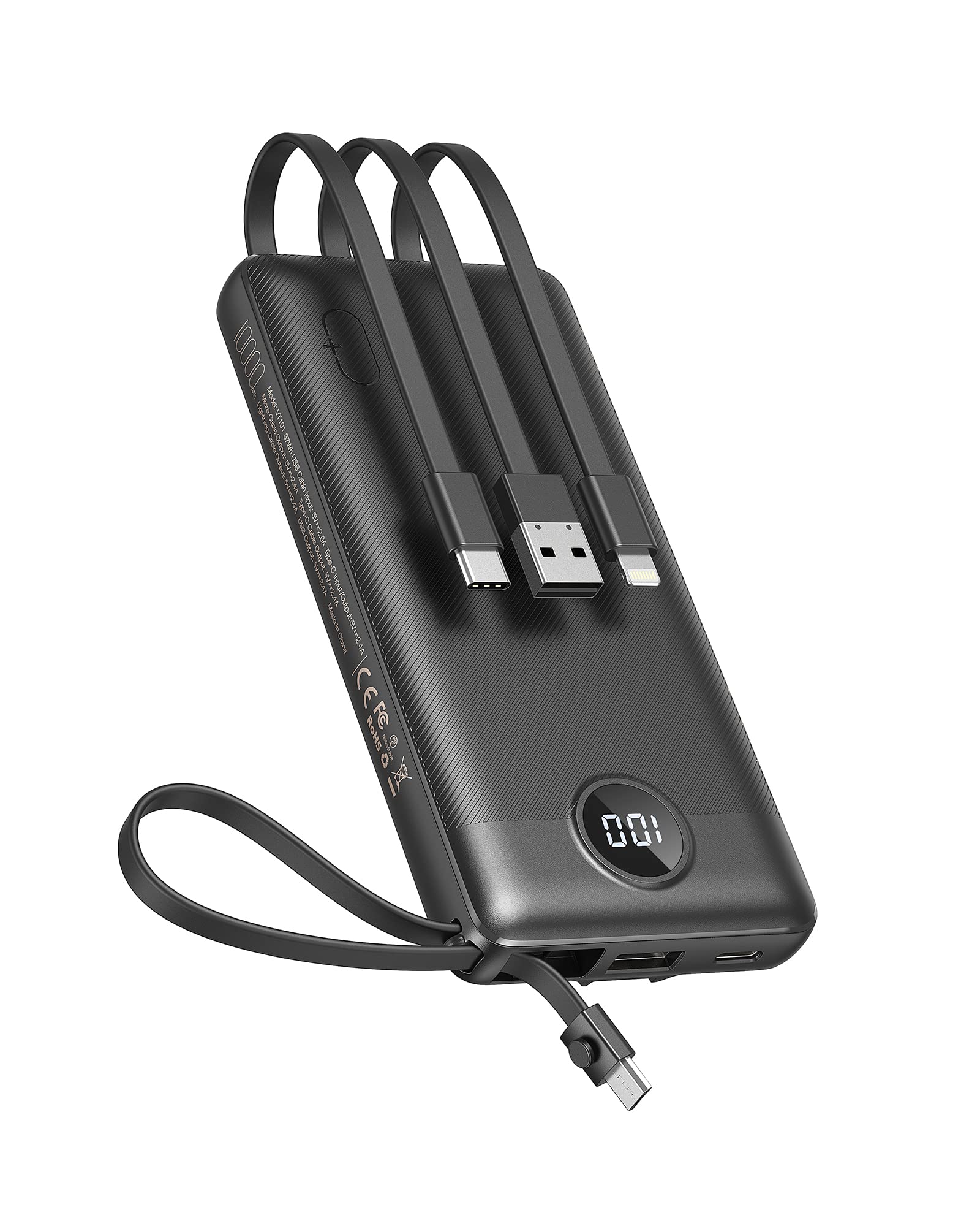 تبدیل به یک بانک انرژی VEEKTOMX با کابل های داخلی، شارژر قابل حمل برای iPhone، نمایشگر LED USB C بانک شارژر باتری خارجی iPhone (10000mAh سیاه)