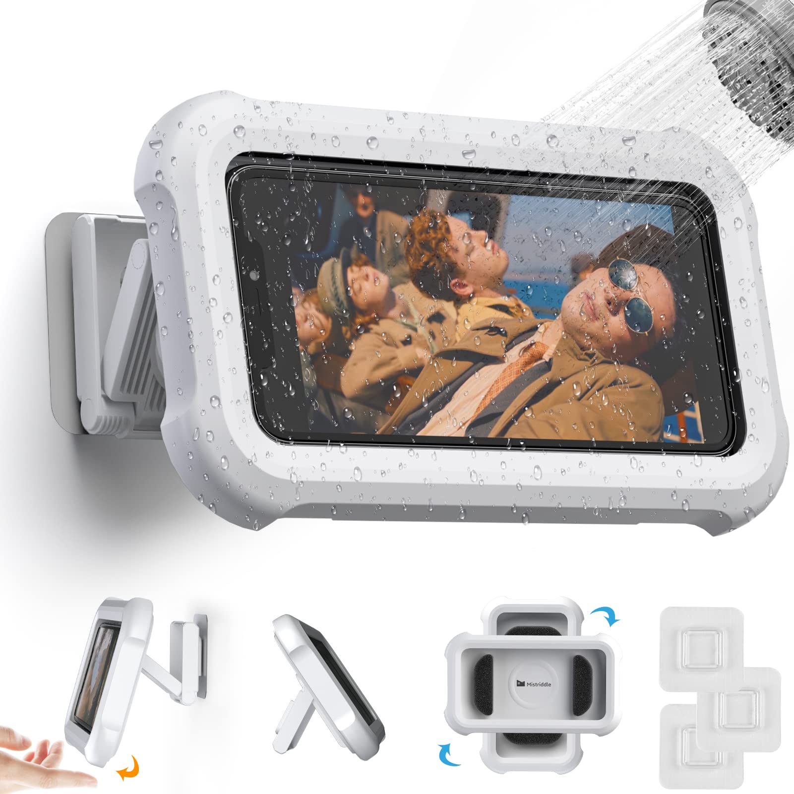 محافظ تلفن دوش ضدآب Mistriddle با چرخش 360 درجه، قابلیت تنظیم زاویه، نگهدارنده تلفن دیواری برای آینه حمام، وان حمام، آشپزخانه، تا 6.8 اینچ (به‌روزرسانی شده) سفید نوع B35