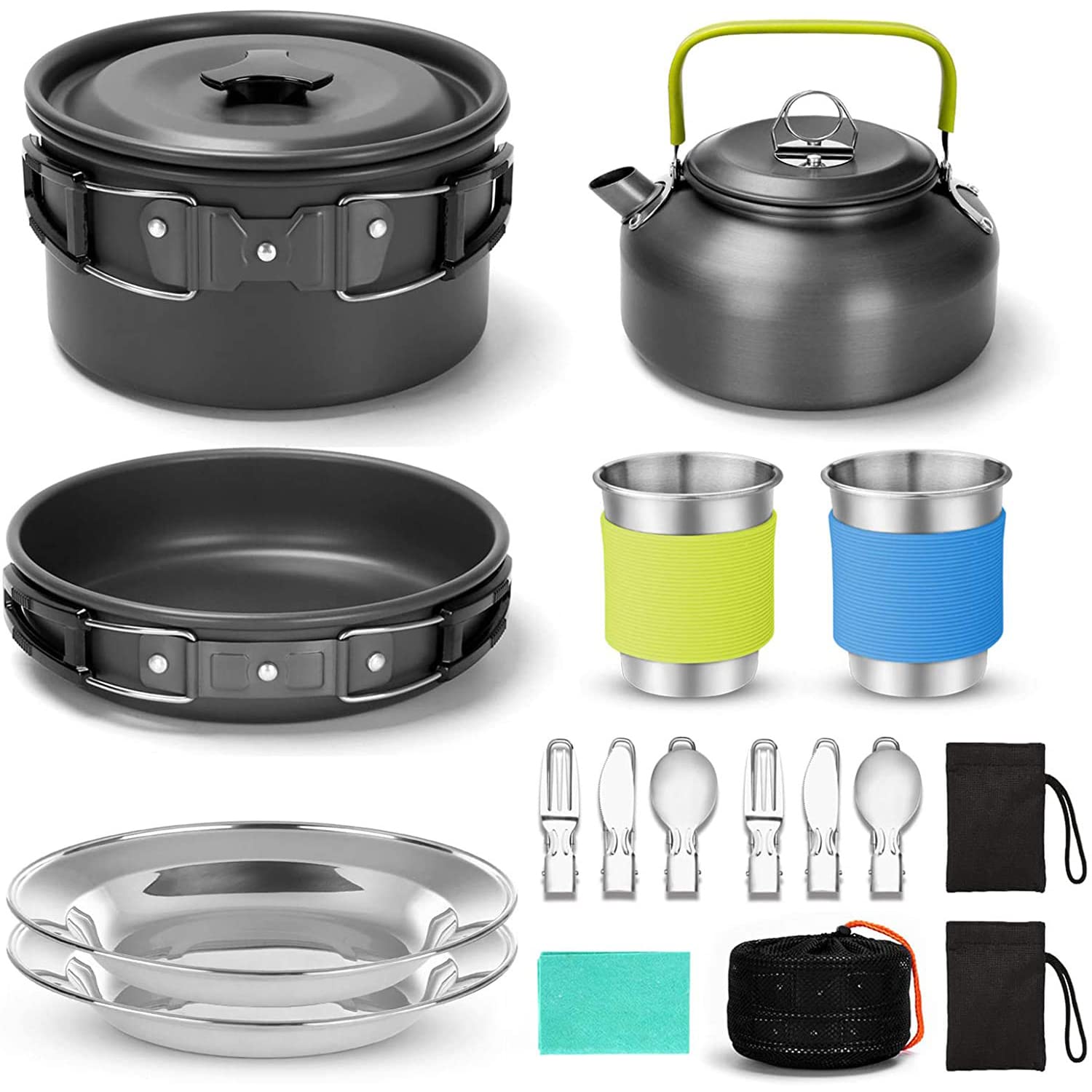 Arabest 15pcs Camping Cookware Mess Kit - مجموعه ظروف ترکیبی کمپینگ
Non-Stick Pot and Pan Kettle Set with Stainless Steel Cups Plates Forks Knives Spoons - مجموعه قابلمه و تابه ضد چسب و قوری با پارچه های استیل ضد زنگ بشقابهایکلوچه چنگالها و قاشقها،
Camping Cooking Set for Camping, Outdoor Cooking and Picnic - مجموعه آشپزی کمپینگ برای کمپینگ، آشپزی خارج از منزل و پیک نیک
