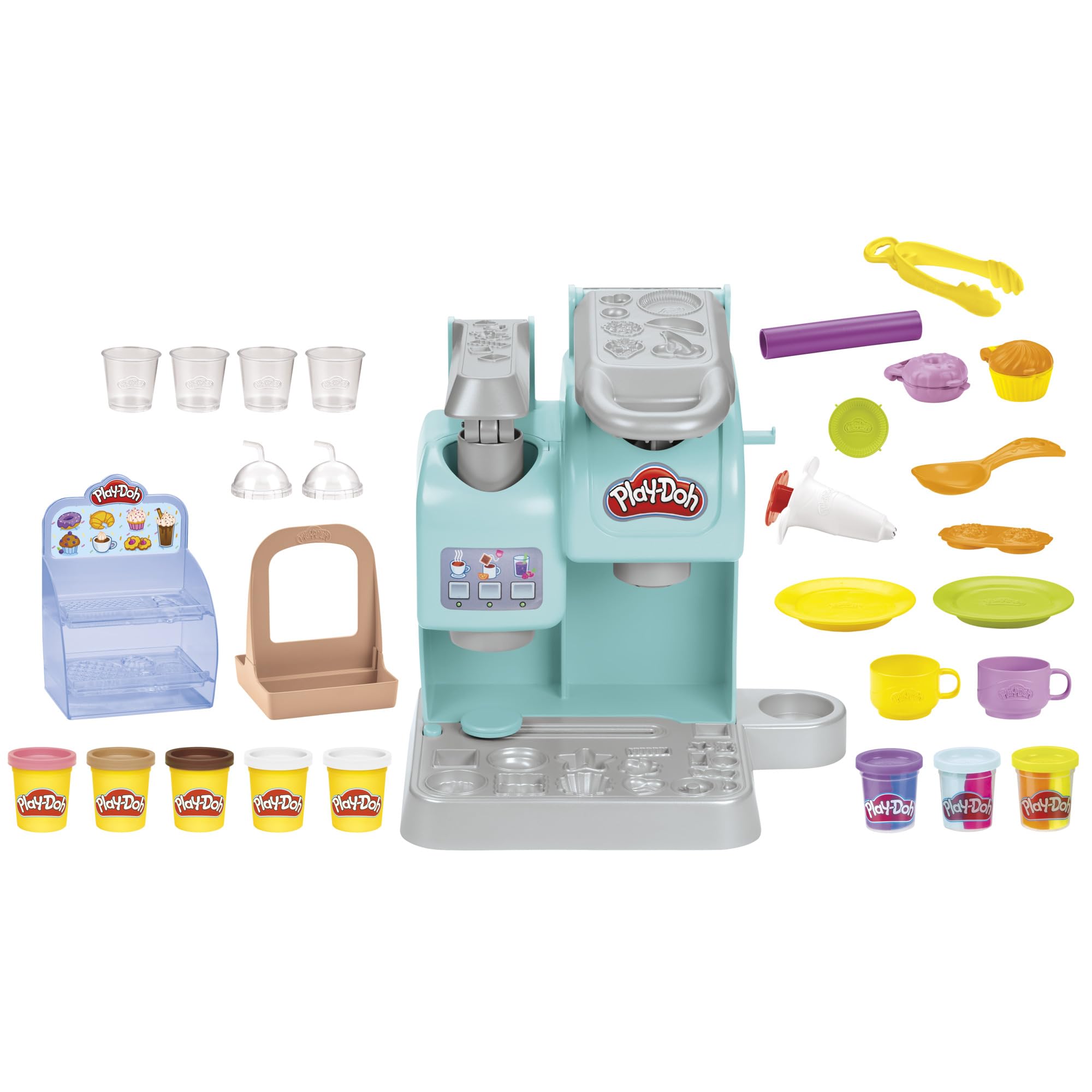 مجموعه بازی کافه پررنگ Play-Doh Kitchen Creations Super Colorful Cafe با 20 لوازم جانبی و 8 بسته جعبه‌های کمپاندر مدلینگ، اسباب‌بازی غذای بازی قهوه برای کودکان 3 سال به بالا، غیر سمی کافه پررنگ
