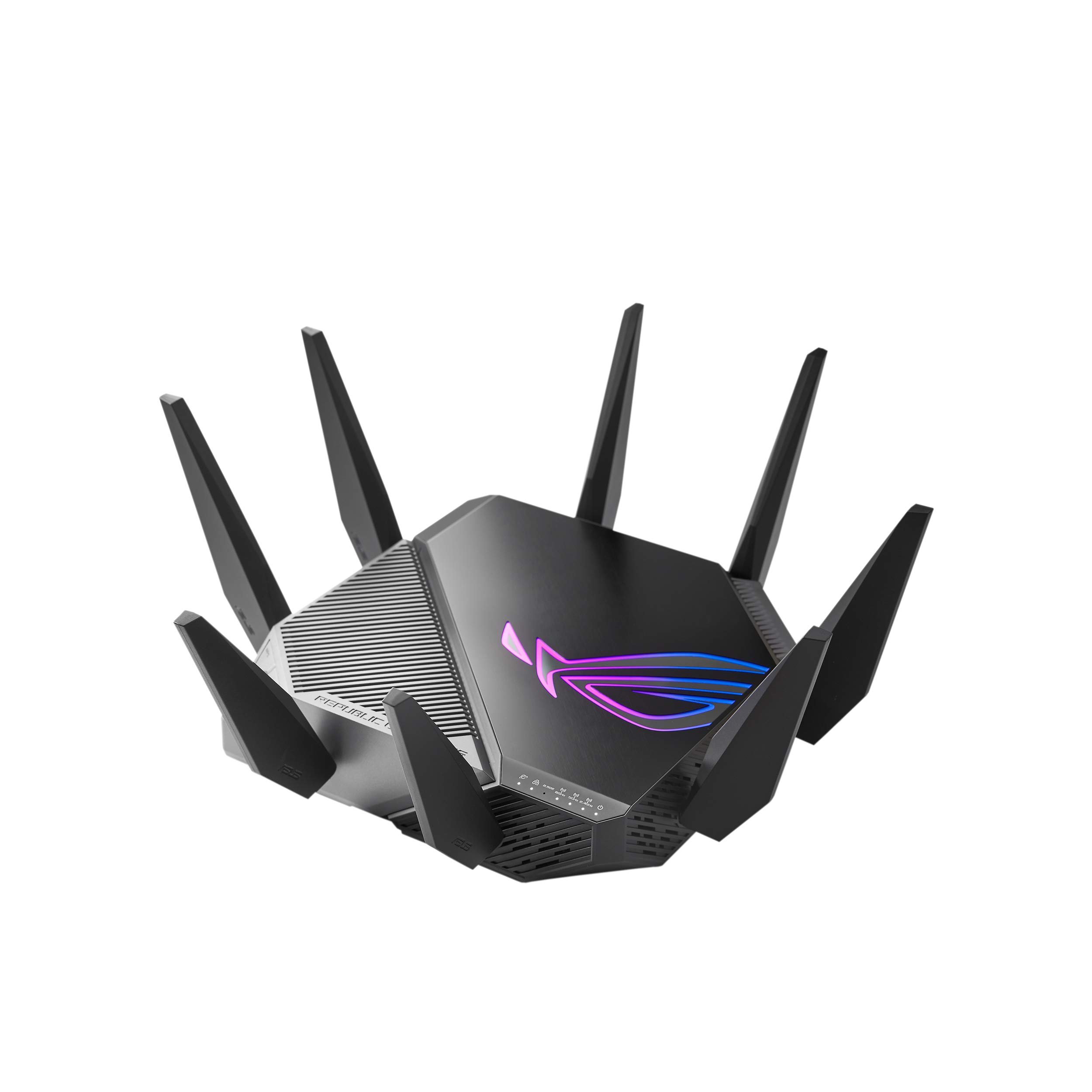 ترجمه: روتر بازی وای فای 6 تری‌باند گیگابیت ایسوس ROG GT-AXE11000 Rapture 802.11ax با سرعت ۱۱۴۸۴۸۰۴۴۸۰۴ مگابیت و پورت‌های اترنت LAN (RJ45) با سرعت ۱۰۱۰۰۱۰۰۲۵۰۰ مگابیت، دارای ۵ پورت وای فای ۶E GT-AXE11000 با پورت 2.5 گیگابیت. تکنولوژی MUMiMO دارد.