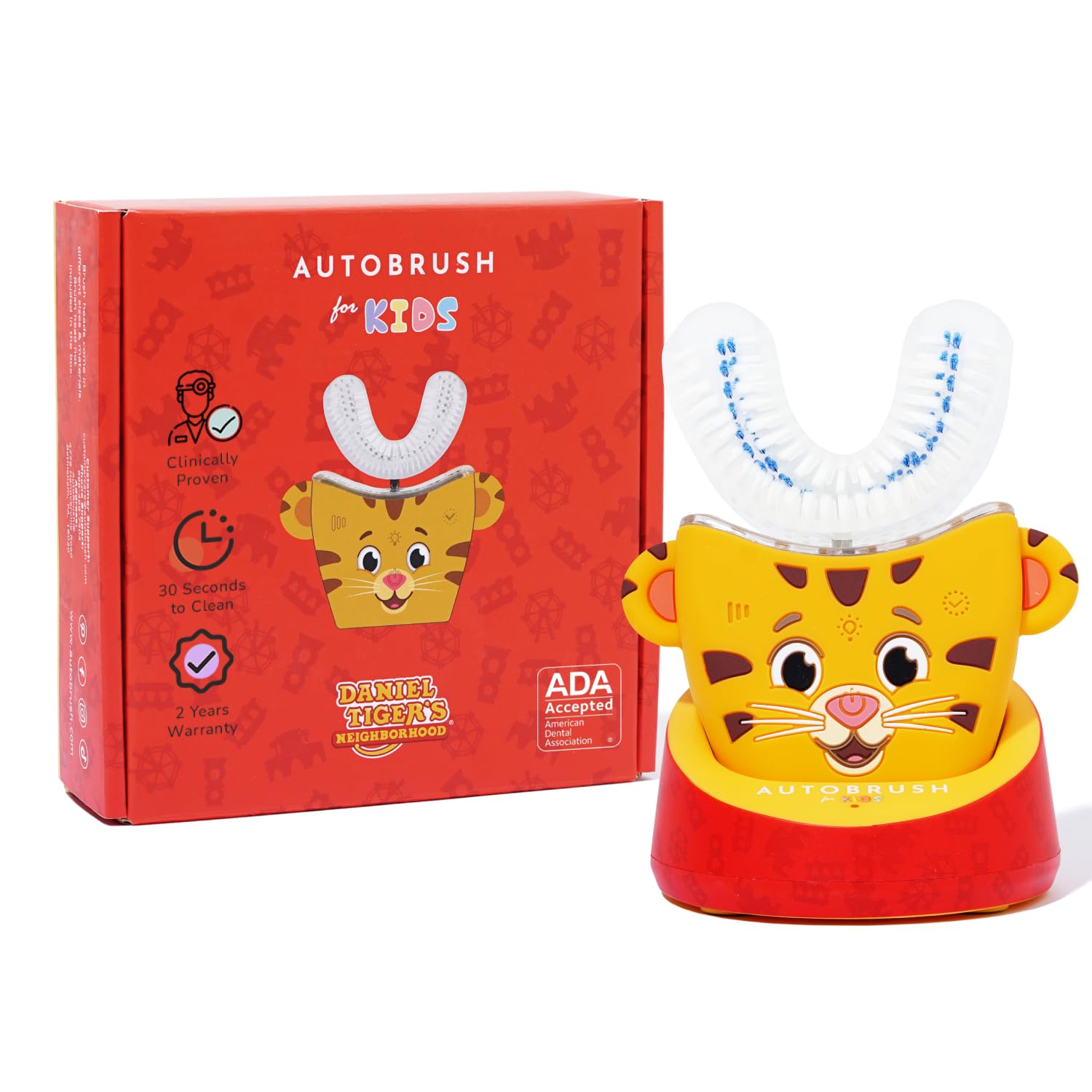 مسواک الکتریکی AutoBrush Sonic Pro Kids U شکل U (سن 3-5)، Daniel Tiger، برس‌های نایلون (دو رو) ۱ عدد (بسته‌ای حاوی ۱ عدد) فلورید توت فرنگی، فلورید بابل‌گام، فلورید نعناع، فلورید هندوانه