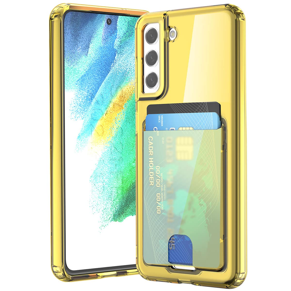 مورد AICase برای کیف گوشی Samsung Galaxy S21 FE Case 5G، شفاف شفاف نازک شکل حفاظتی ضد ضربه با نگهدارنده کارت برای کیف گوشی Samsung S21 FE Case (شفاف / زرد)