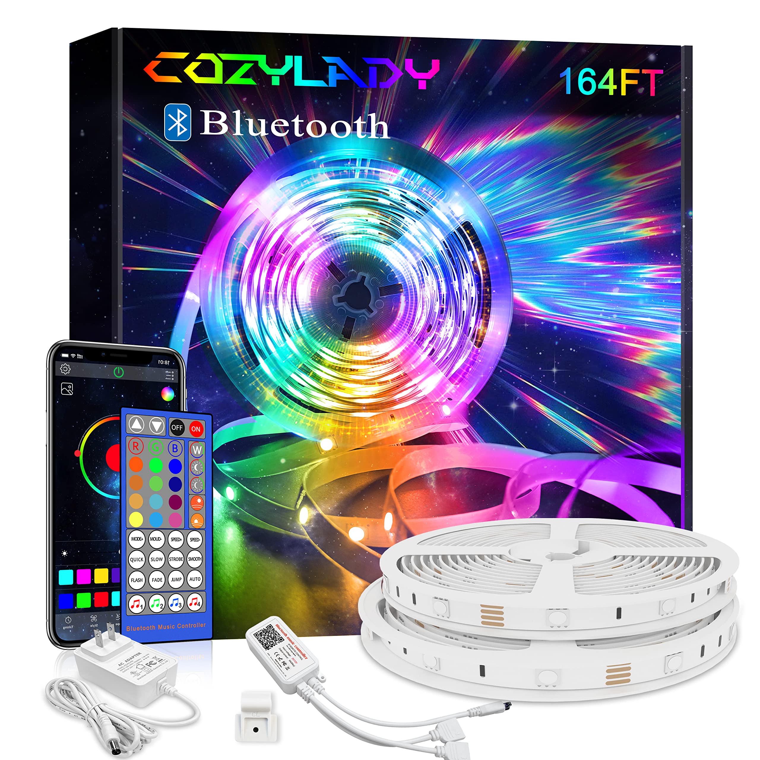 نورپردازی نواری ال ای دی با فناوری بلوتوث Cozylady، 50 متر نورپردازی LED کنترل شده توسط اپلیکیشن هوشمند تلفن همراه، نورپردازی LED های همگام با موسیقی برای دکوراسیون اتاق خواب، دکوراسیون اتاق، اتاق کودکان (50 متر)