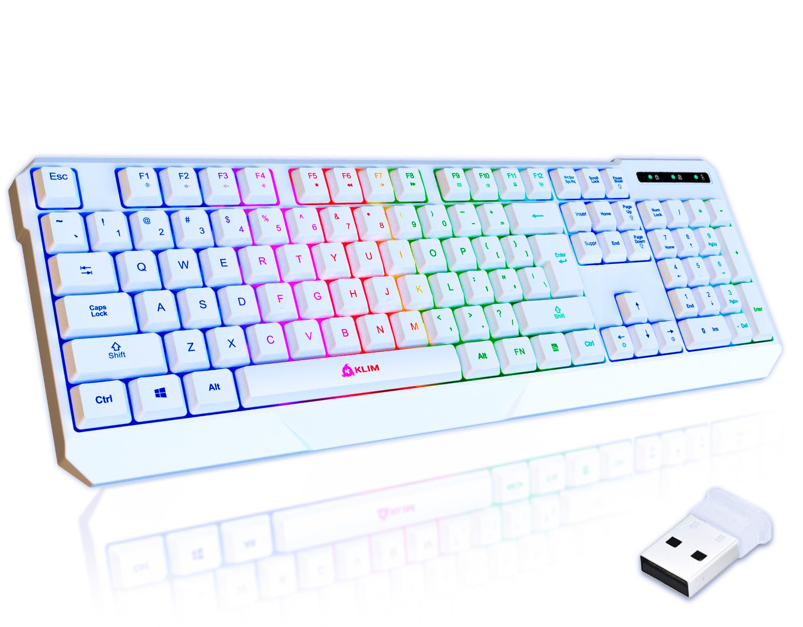 صفحه کلید بی‌سیم KLIM Chroma White - RGB Backlit، باطری قابل شارژ، صفحه کلید بی‌سیم با طراحی مقاوم در برابر آب، سازگار با کامپیوتر شخصی، مک، پلی‌استیشن ۴، پلی‌استیشن ۵