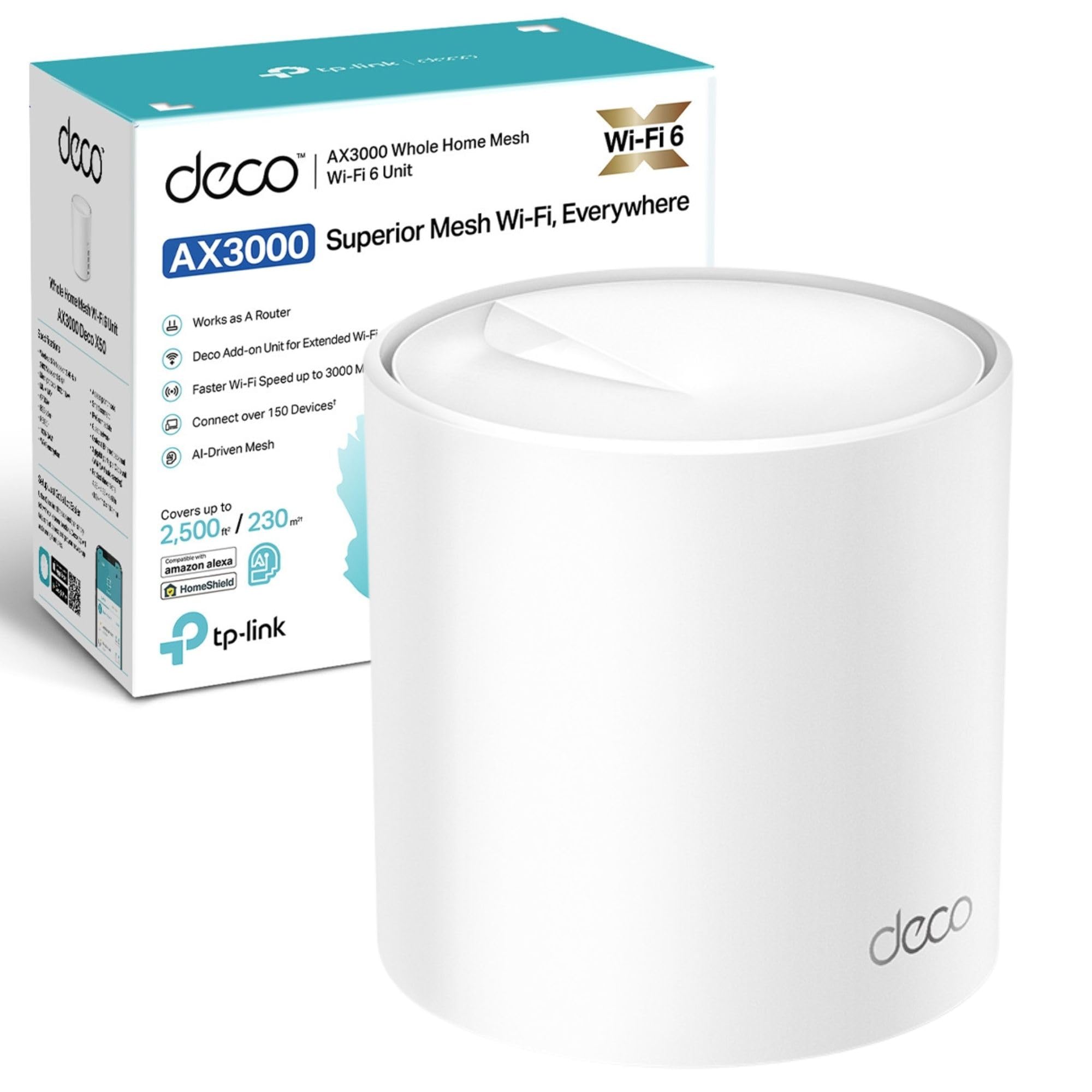 ردیاب وایرلس TP-Link Deco، مودم مشبکه دو باند WiFi، مودم WiFi 6 2402 مگابایت بر ثانیه، پوشش 230 متر مربعی، قابلیت اتصال بیش از ۱۵۰ دستگاه، استفاده به عنوان یک تقویت کننده مشبکه WiFi، کنترل والدین، سازگار با تمامی مدل‌های Deco، اضافه کردن AX3000 WiFi 6