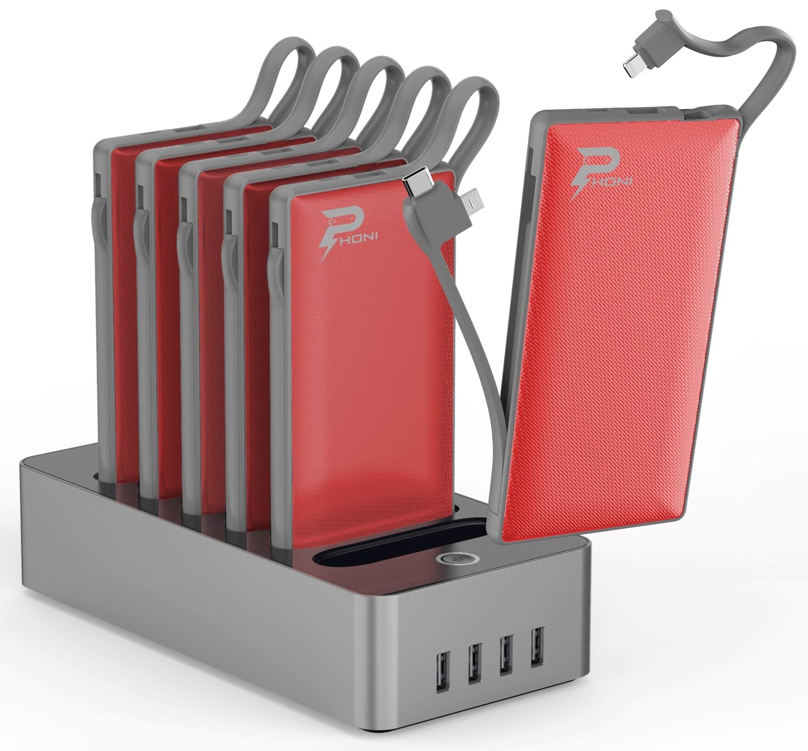 پاور بانک شارژر ایستگاه قابل حمل 6 در 1 با باتری داخلی کابل Lightning USB-C Micro USB شارژ سریع کوچک و باریک 10000 میلی آمپر سازگار با آیفون، سامسونگ، آیپد و سایر دستگاه‌ها (رنگ قرمز)