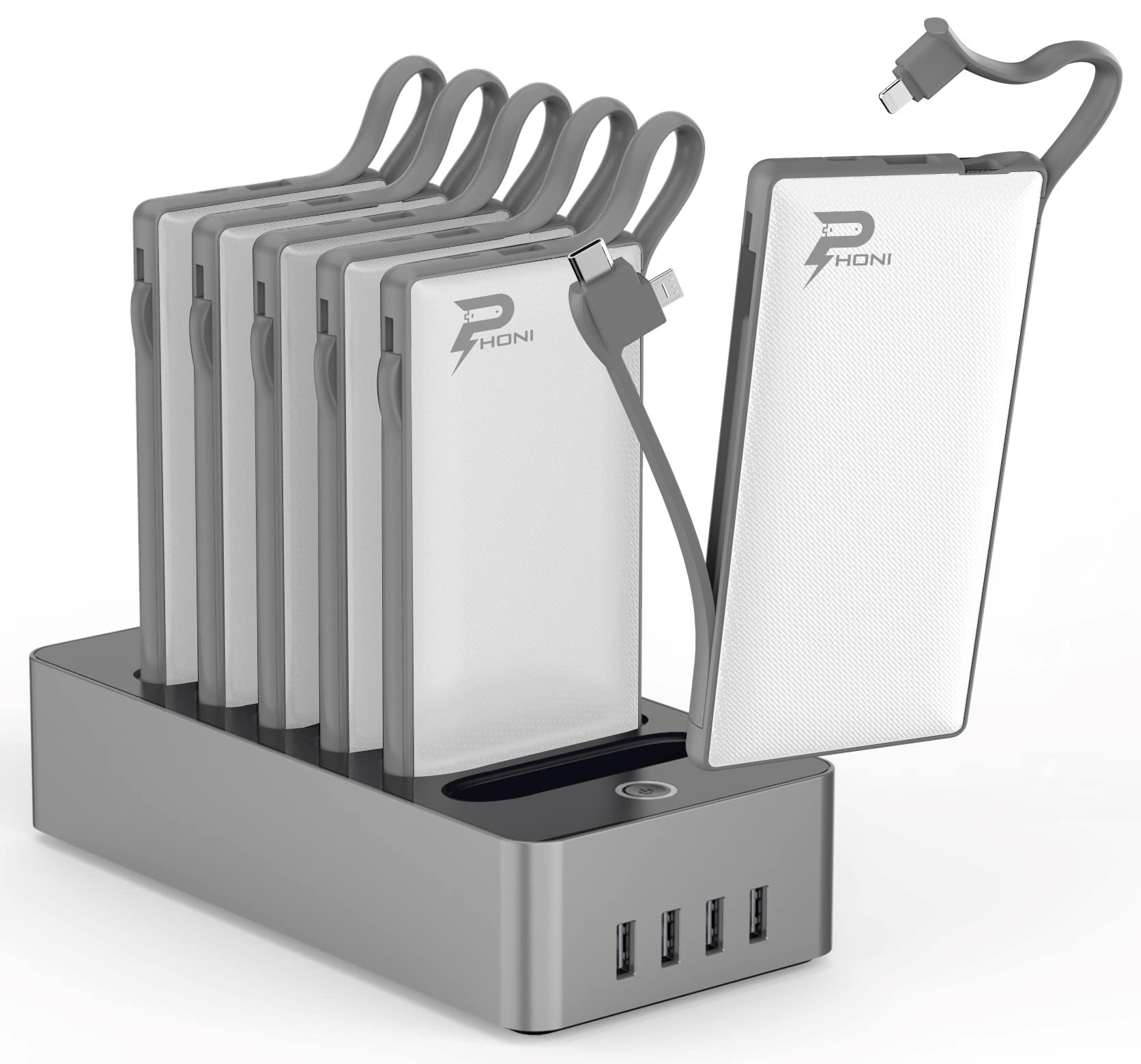 پاور بانک شارژر ایستگاه 6 در 1 قابل حمل باتری داخلی کابل رابط لایتنینگ USB-C USB میکرو شارژ سریع کامپکت نازک 10000 میلی آمپر سازگار با آیفون سامسونگ آیپد و محصولات دیگر (سفید)