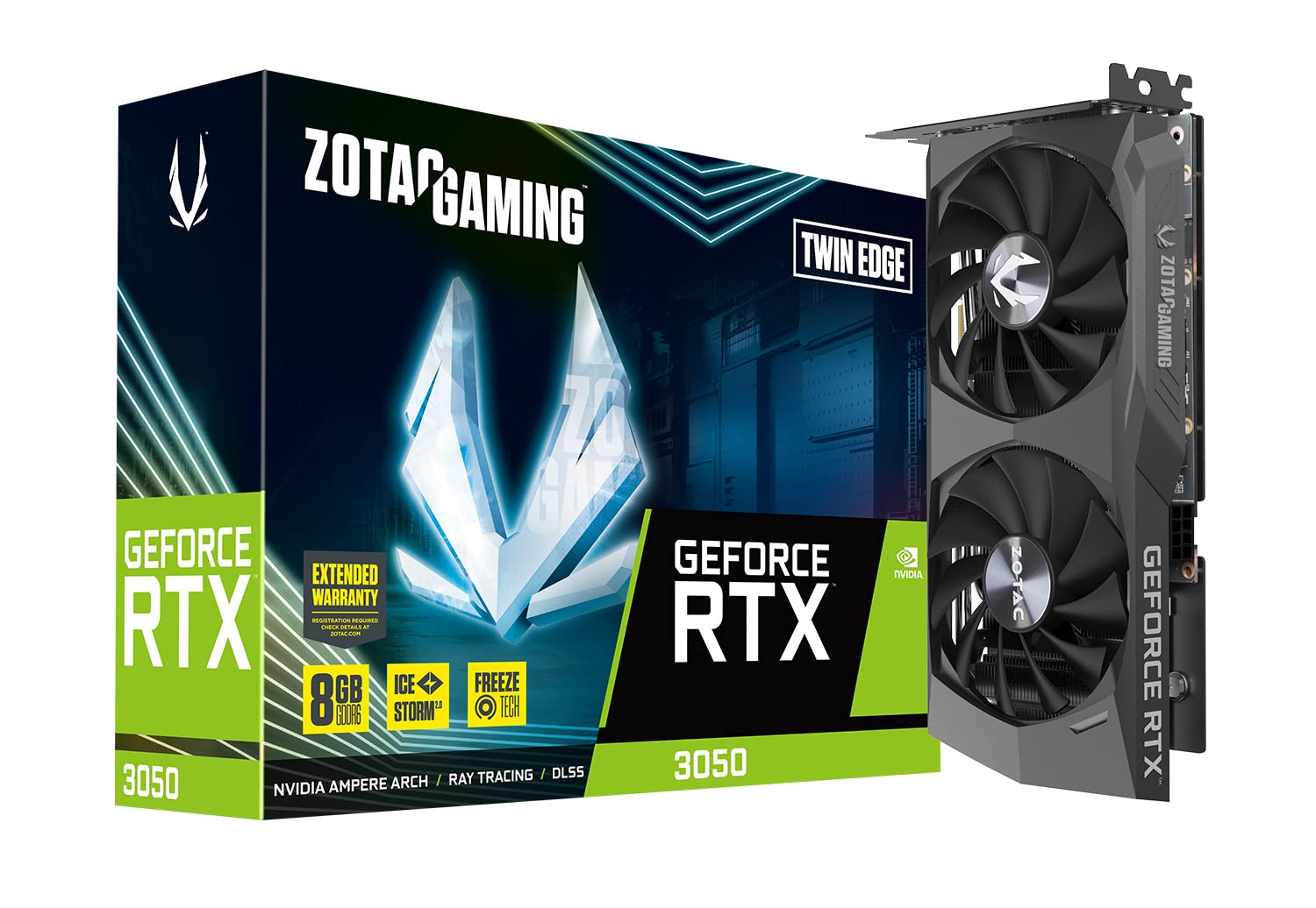 کارت گرافیک بازی ZOTAC Gaming GeForce RTX™ 3050 Twin Edge با حافظه 8 گیگابایت GDDR6 128 بیتی 14 گیگابایت بر ثانیه PCIE 4.0 ، سیستم خنک‌کننده IceStorm 2.0 پیشرفته ، توقف فن Freeze ، کنترل فن فعال ، ZT-A30500E-10M