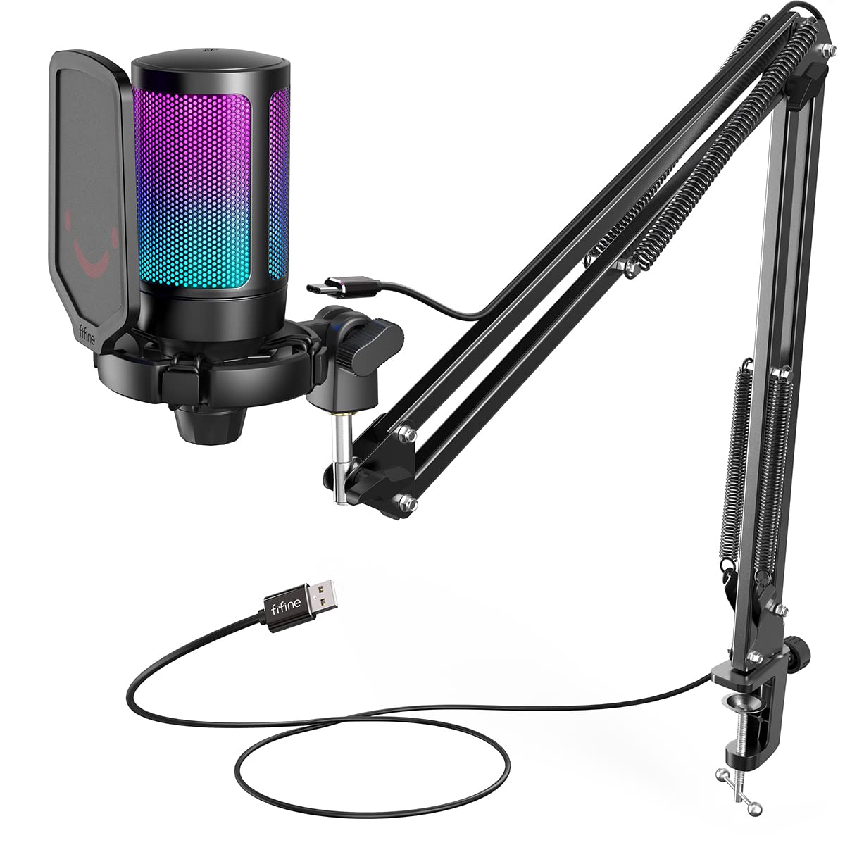کیت میکروفن بازی FIFINE USB Micro، میکروفن کاندنسور RGB برای کامپیوتر PS5، با دکمه سکوت، نگهدارنده شوک‌آب، نگهدارنده میکروفن، فیلتر صدا، برای استریمینگ، دیسکورد، پادکست‌ها، پهنه‌های قابل تعلیق سیاه - میکروفن با بازو