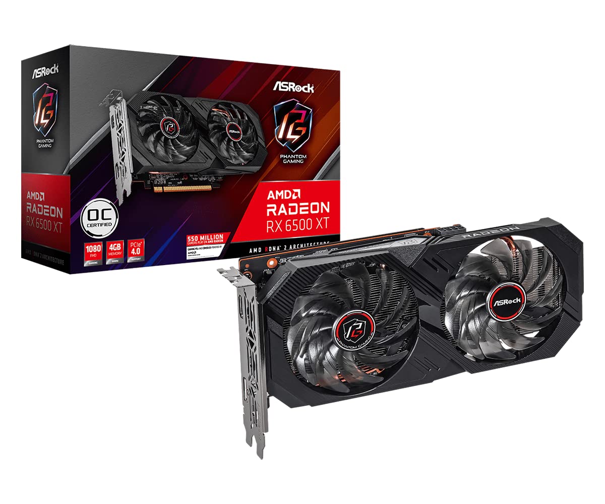 کارت گرافیک ASRock Radeon RX 6500 XT Phantom Gaming 4GB OC GDDR6، RDNA2، AMD FidelityFX، 1024 جریان، افزایش 2820 مگاهرتز، مشکی، RX6500XT PGD 4GO، D، سایز یکسان