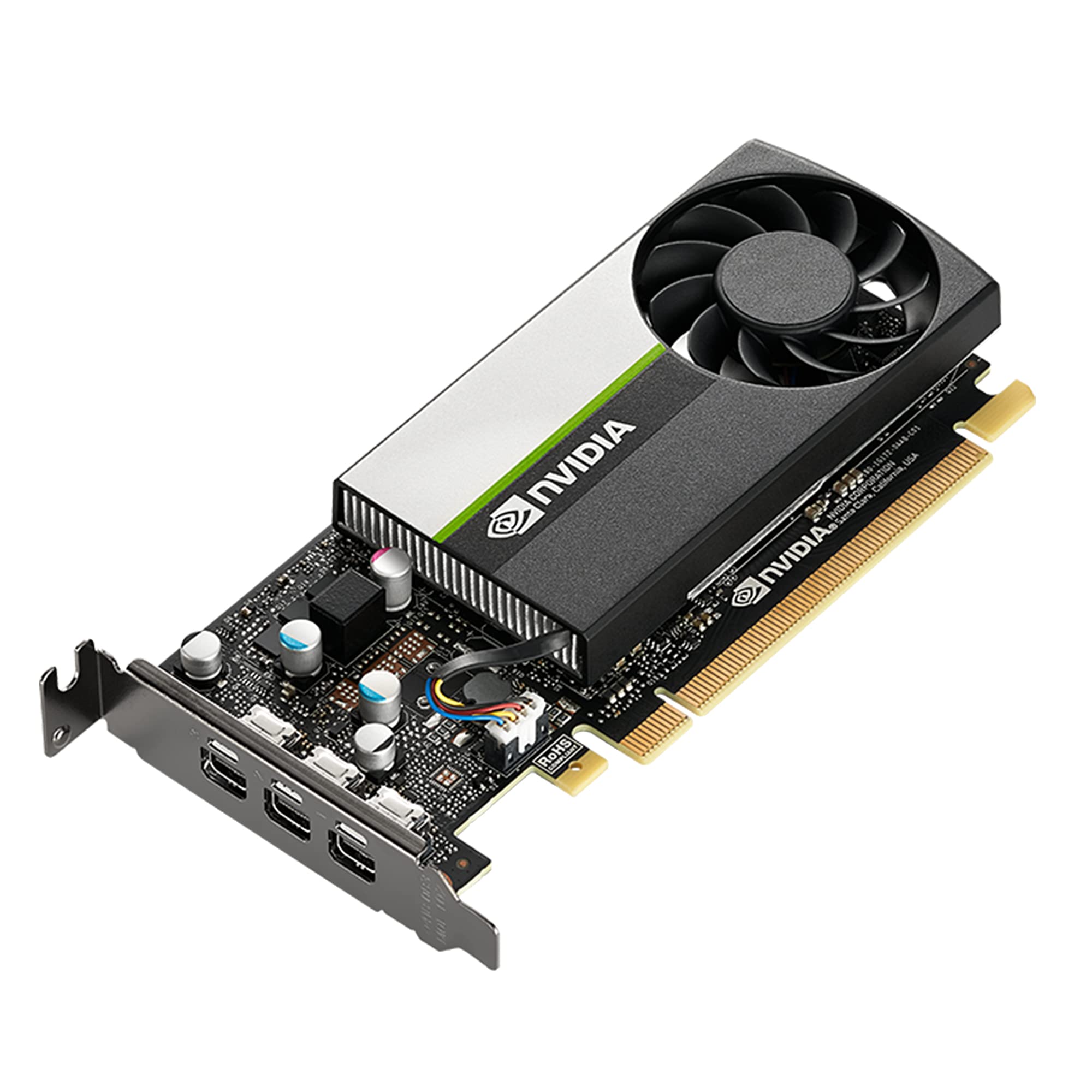 PNY NVIDIA T400 با حافظه ۴GB GDDR6، رابط PCI Express 3.0 x16، یک شیار، دارای ۳ پورت MiniDisplayPort و سازگار با رزولوشن ۸K، با فن فعال بسیار ساکت.
