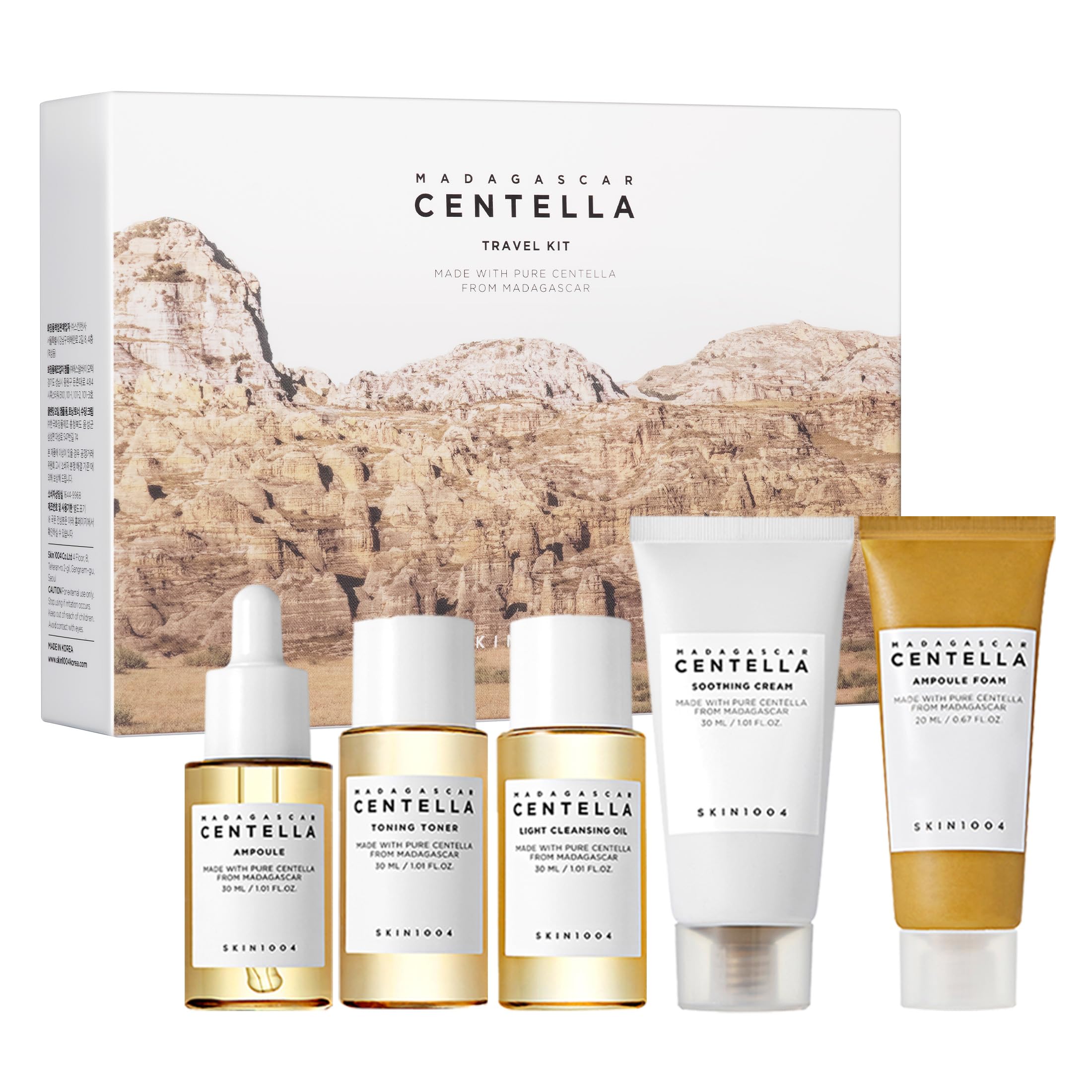 جعبه مراقبت از پوست مجموعه ای پر عیار از SKIN1004 ماداگاسکار سنتلا، شامل تونر، امپول، کرم آرامبخش، روغن پاک کننده، فوم امپول، با سایز کوچک، مجموعه هدیه، ست پایه مراقبت از پوست، اندازه کوچک، هدیه روز مادر برای مادران، هدایای زنان، مجموعه آزمایشی