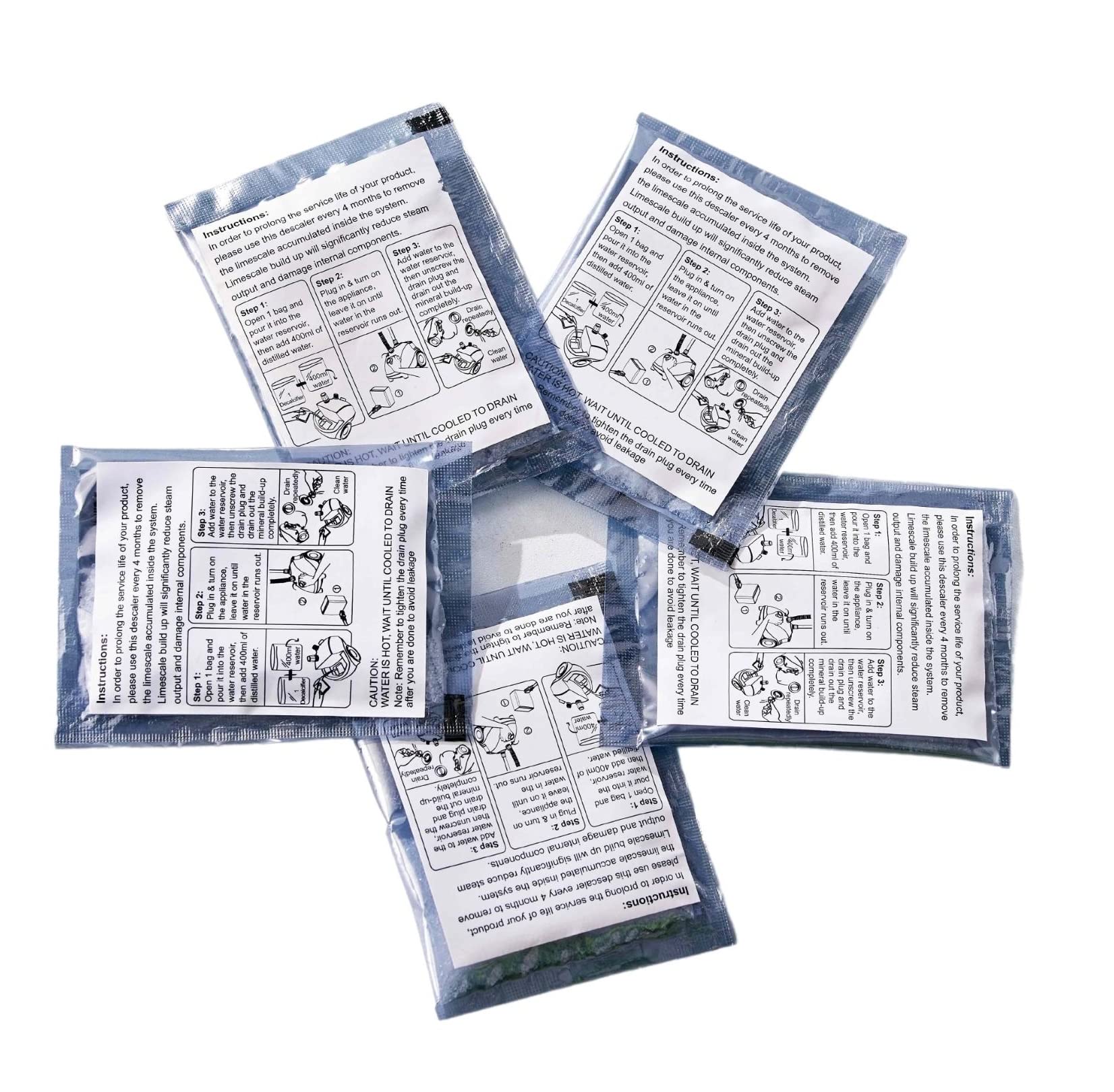 بسته‌های Descaler/Decalcifier برای رسوبات معدنی و حذف آن‌ها، نگهداری برای بخاری لباس، با تمام برندهای بخاری لباس کار می‌کند، استفاده از 1 بسته هر 4 ماه، 5 بسته