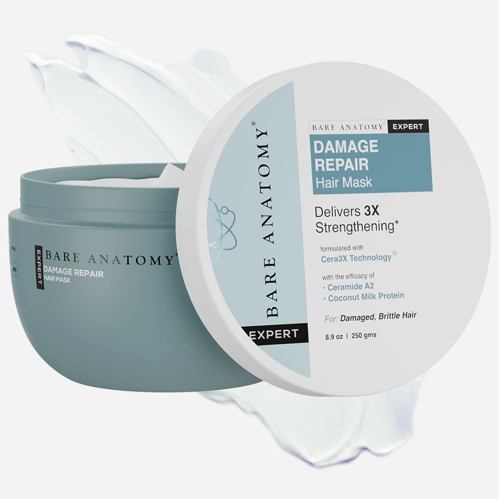 ماسک مو آسیب‌درمانی Bare Anatomy Damage Repair، تقویت کننده سه برابر با سرامید A2 و پروتئین شیر نارگیل، برای صاف‌سازی و تغذیه عمیق، برای موهای خشک و پرریز، بدون پارابن و سولفات، برای زنان و مردان، 250 گرم