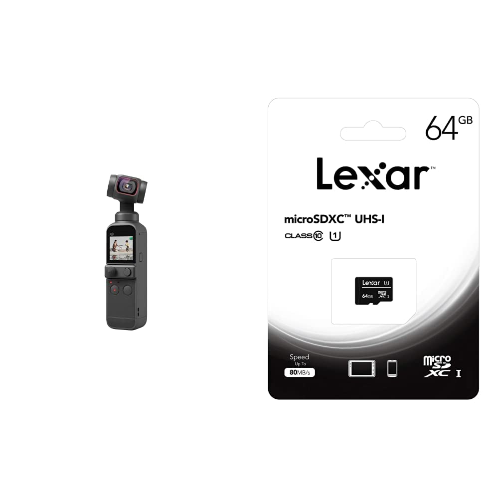 دوربین 3 محوره DJI Pocket 2 با زوم 8 برابر 64 مگاپیکسل 4K و کارت حافظه Lexar MicroSD UHS-1 Class 10 (64 گیگابایت)
