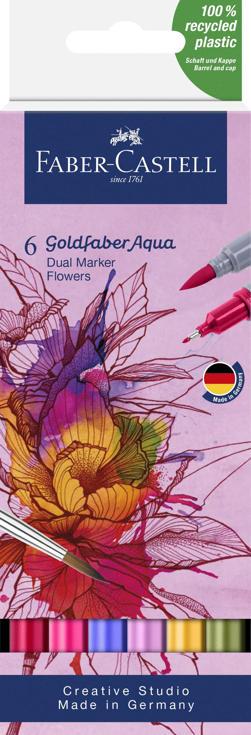 نام مداد: Faber-Castell Goldfaber Aqua Dual Marker Flowers 6 رنگ، مداد نشانگر مبتنی بر آب با دو نوک، عرض خط نوک فاین لاینر 0.4 میلی‌متر