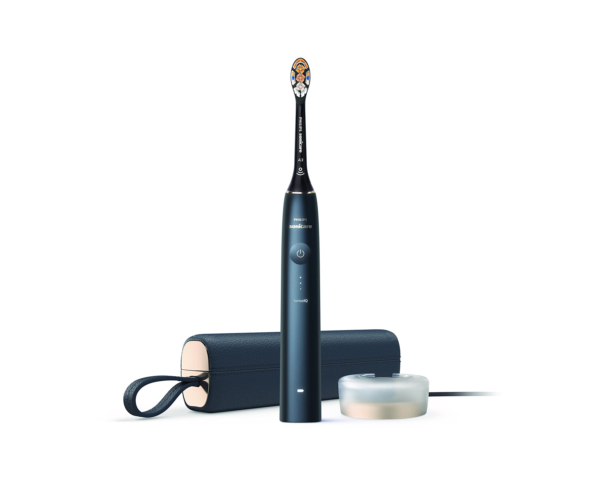مسواک برقی قابل شارژ Philips Sonicare 9900 Prestige با فناوری SenseIQ و برنامه Sonicare به وسیله هوش مصنوعی؛ رنگ آبی نیمه‌شب - مدل HX9992/22، با گواهی از امارات متحده، دارای پورت 3 پین.