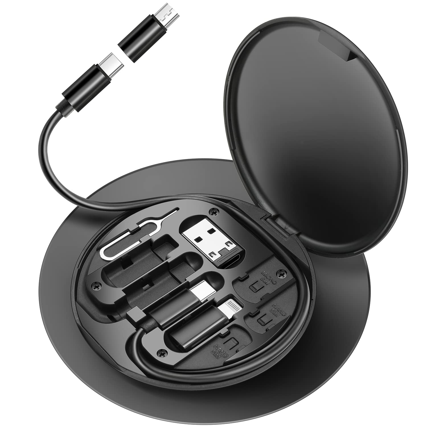 آداپتور USB C به لایتنینگ HESIMING، مجموعه تبدیل کابل شارژ چندگانه، کیسه تبدیل USB C به تایپ سی/دستگاه iOS/آداپتور میکرو، مجموعه کابل داده‌ای سفر شامل حافظه کارت، نگهدارنده گوشی، سینی خروج پین (مشکی)